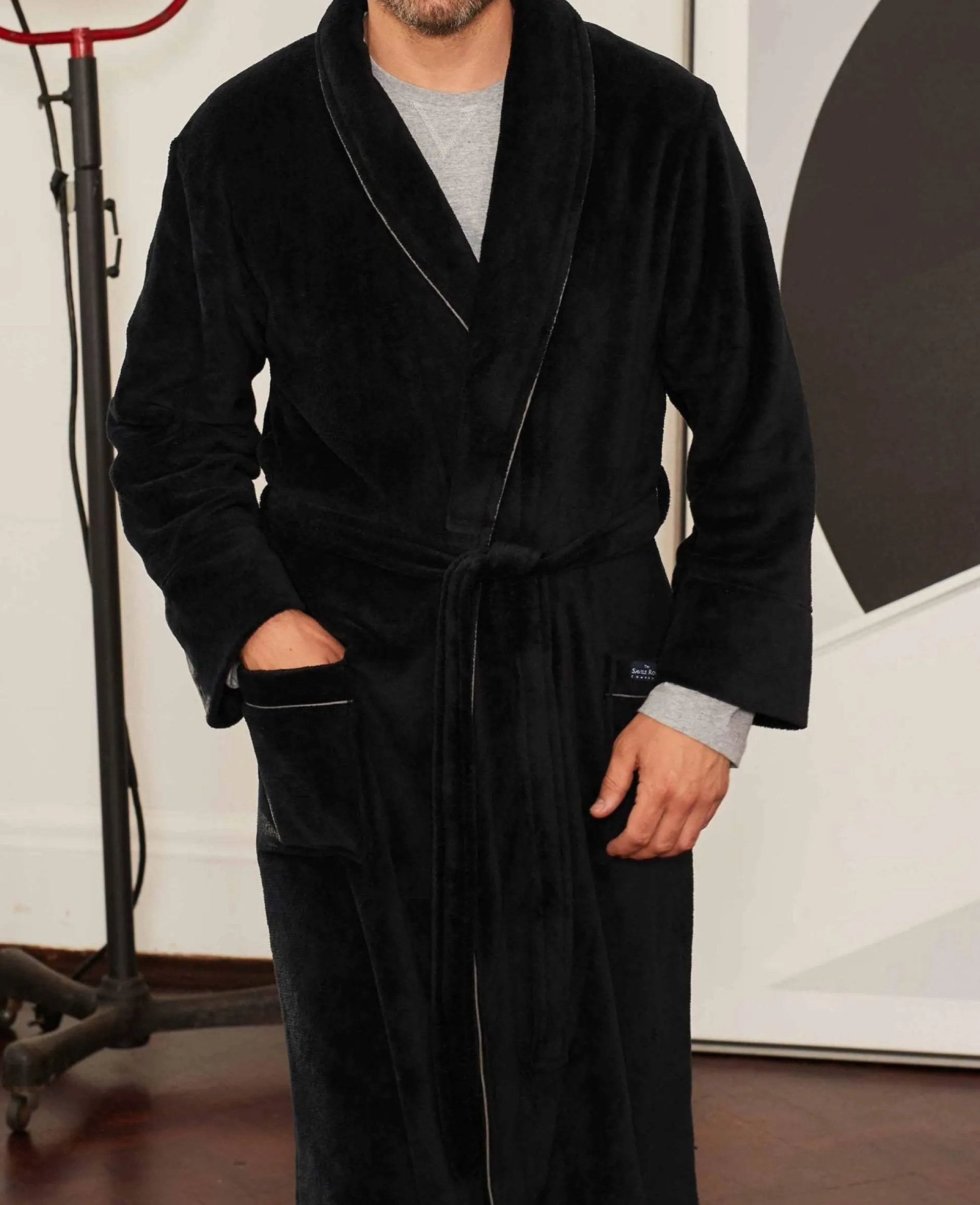 Black Fleece Supersoft Dressing Gown with Grey Piping