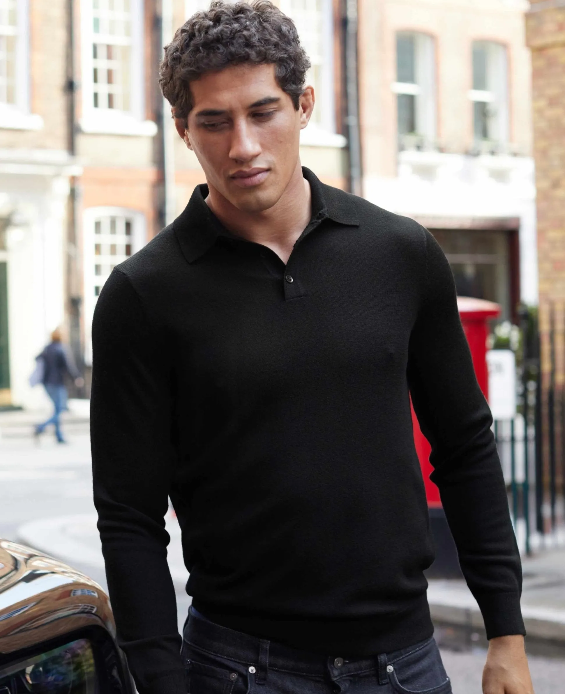 Black Merino Wool Knitted Polo Shirt