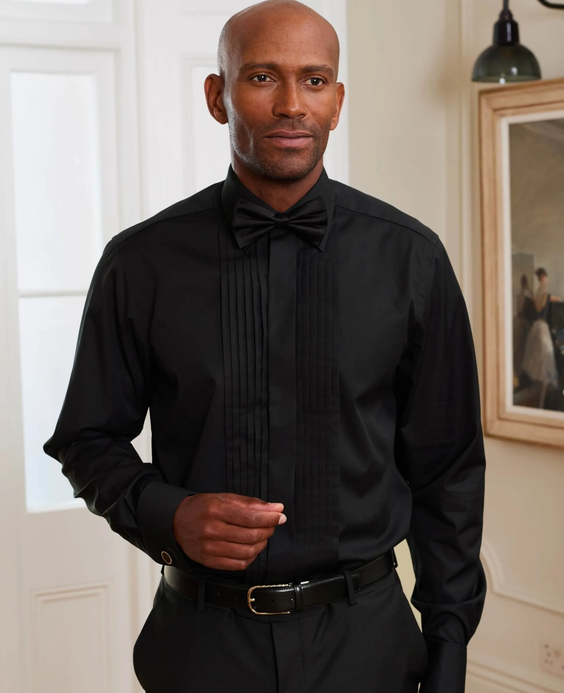 Black Pleated Fly Front Classic Fit Dress Shirt - Double Cuff