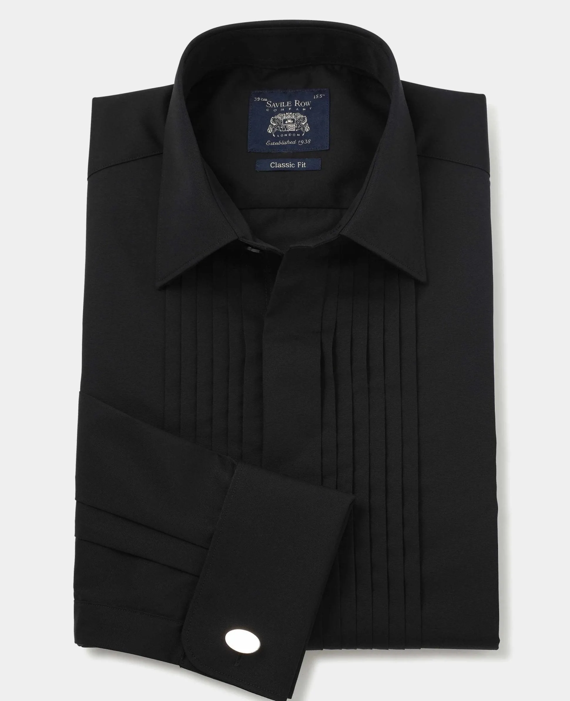 Black Pleated Fly Front Classic Fit Dress Shirt - Double Cuff