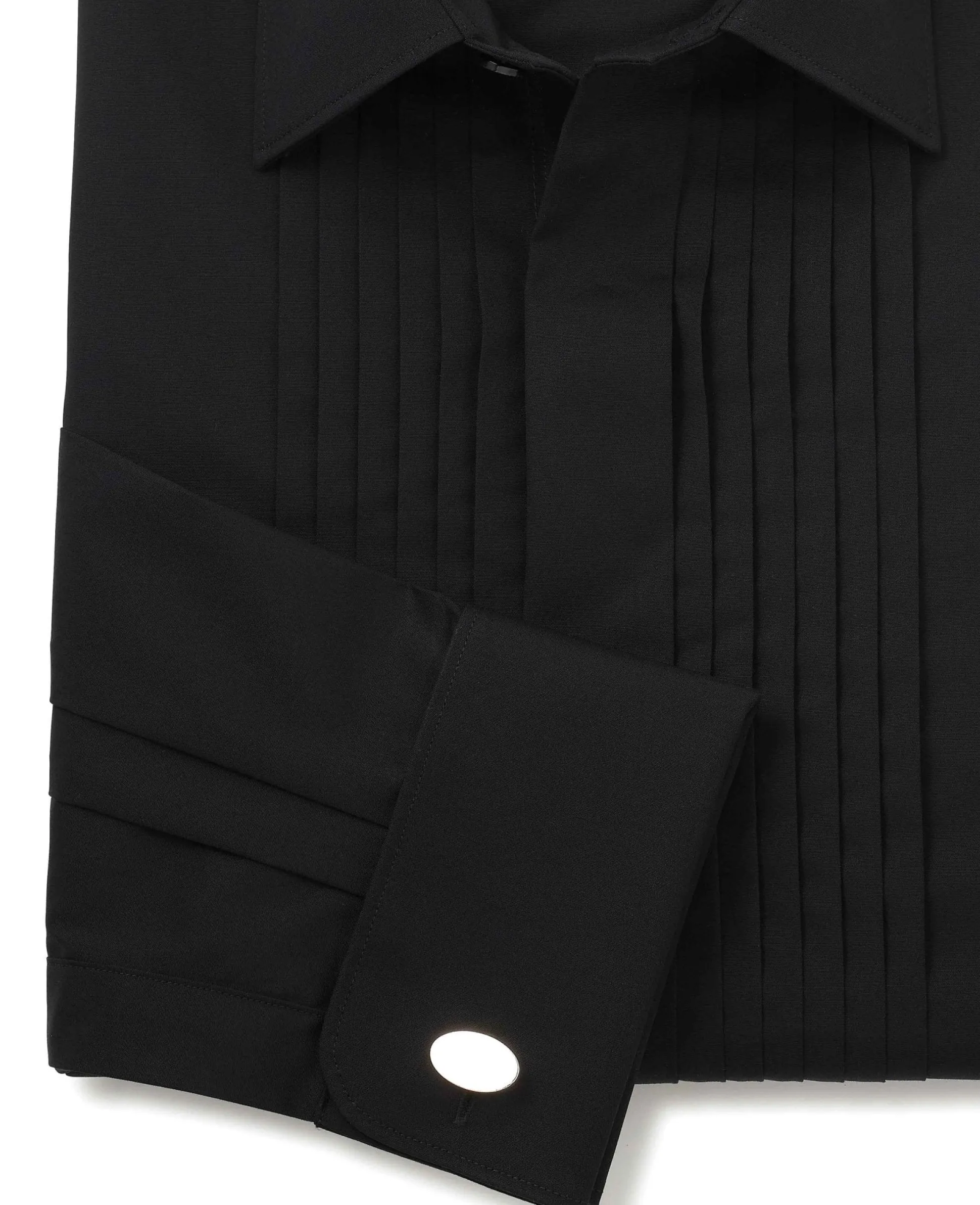 Black Pleated Fly Front Classic Fit Dress Shirt - Double Cuff