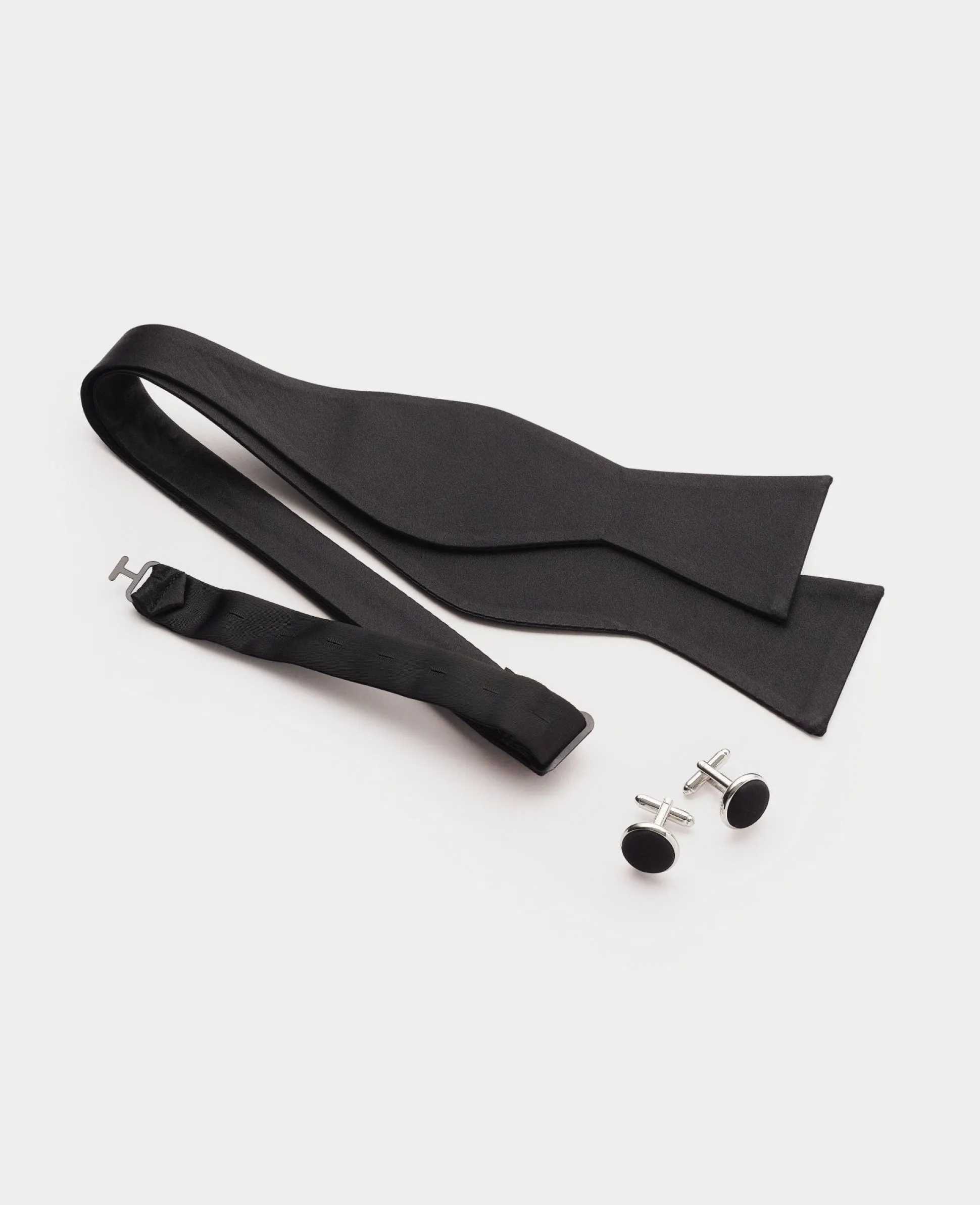 Black Silk Bow Tie & Cufflinks Set