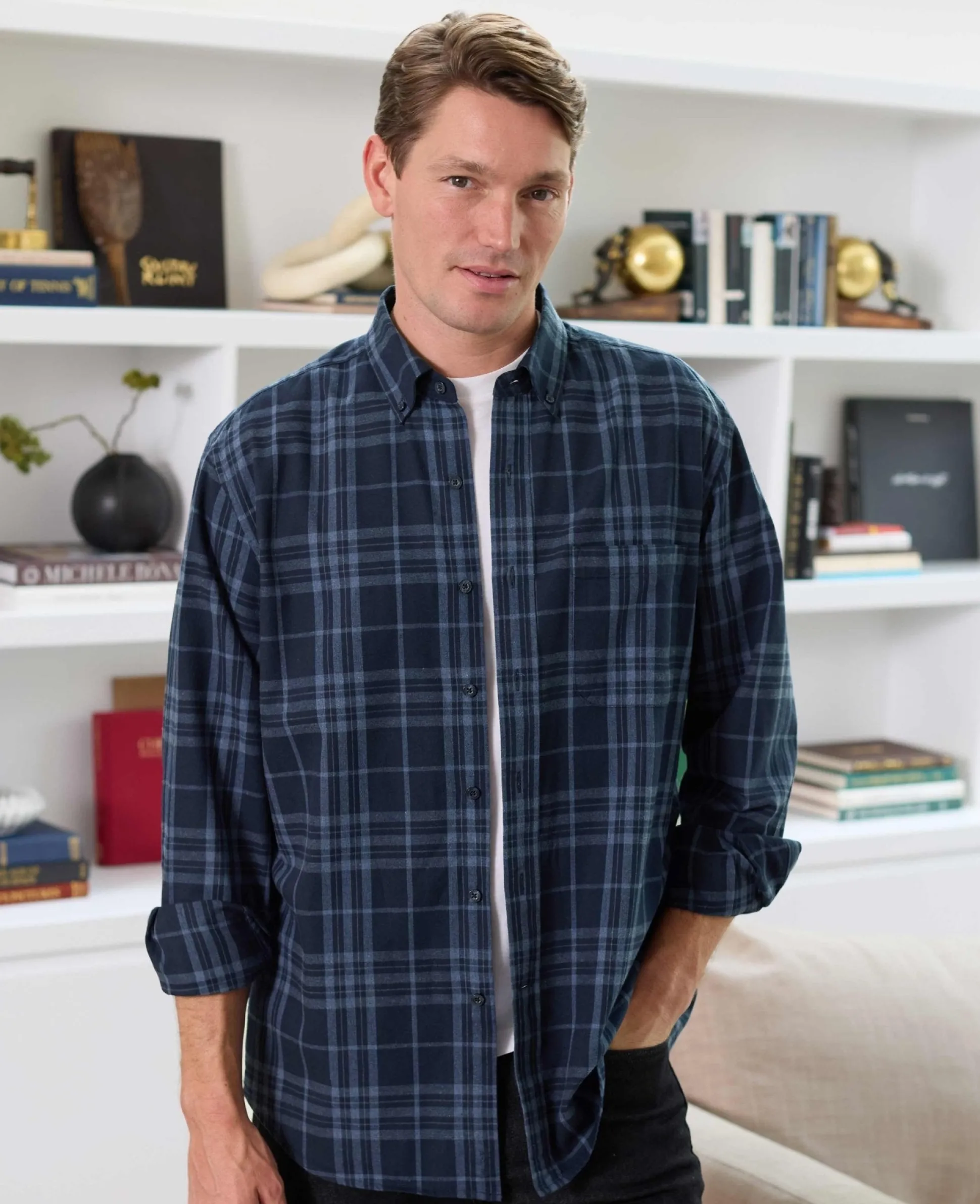 Blue Brushed Cotton Check Classic Fit Button-Down Casual Shirt