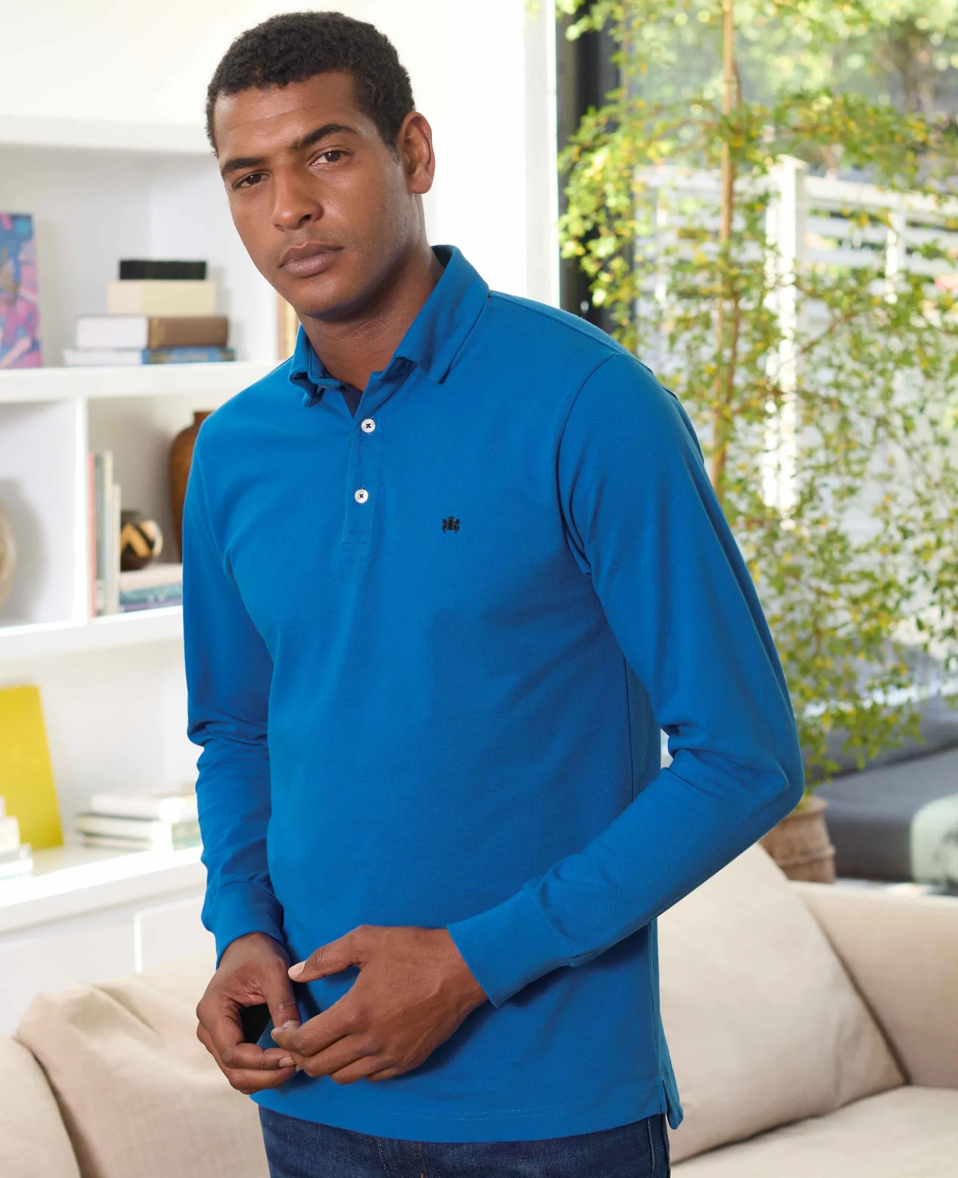 Blue Cotton Pique Long Sleeve Polo Shirt