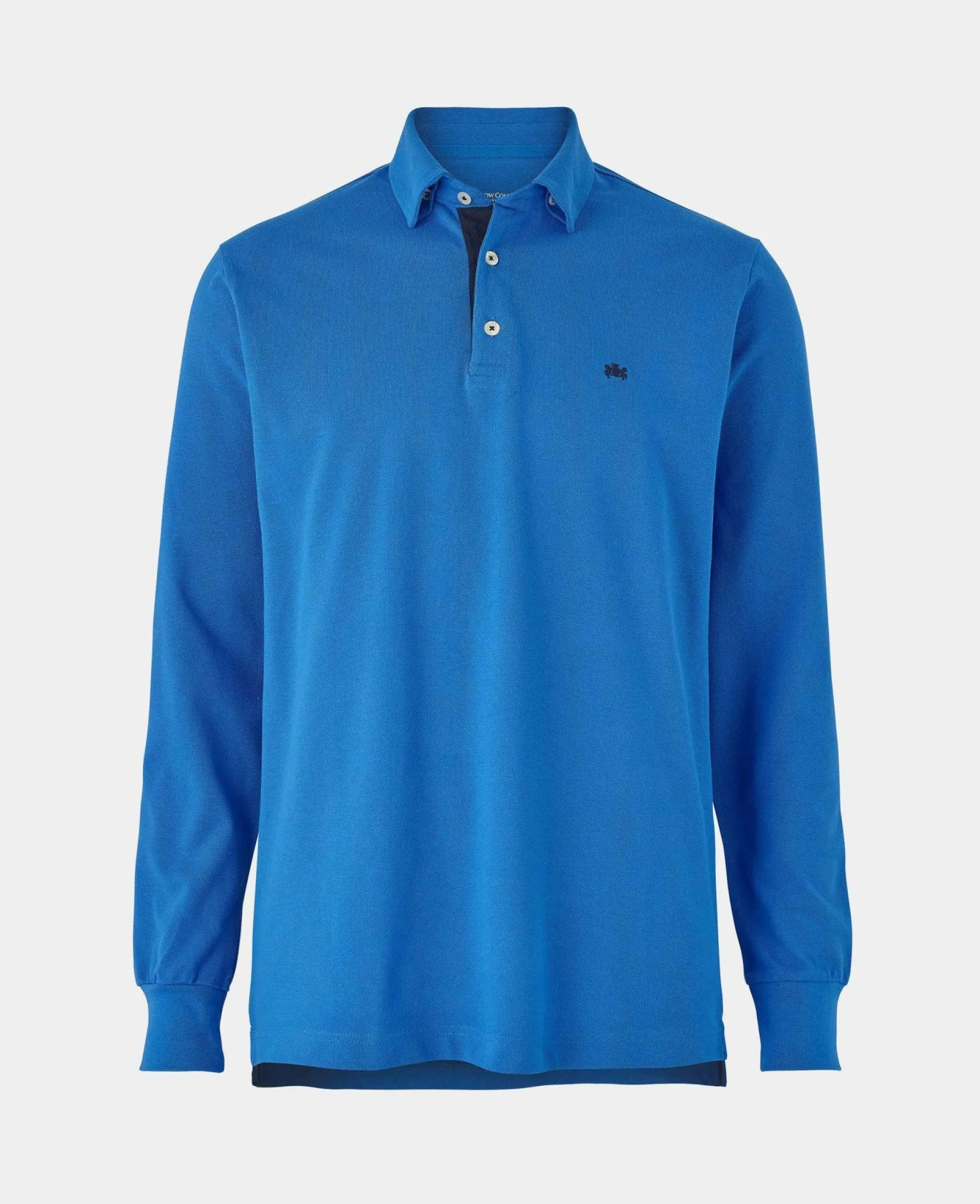 Blue Cotton Pique Long Sleeve Polo Shirt