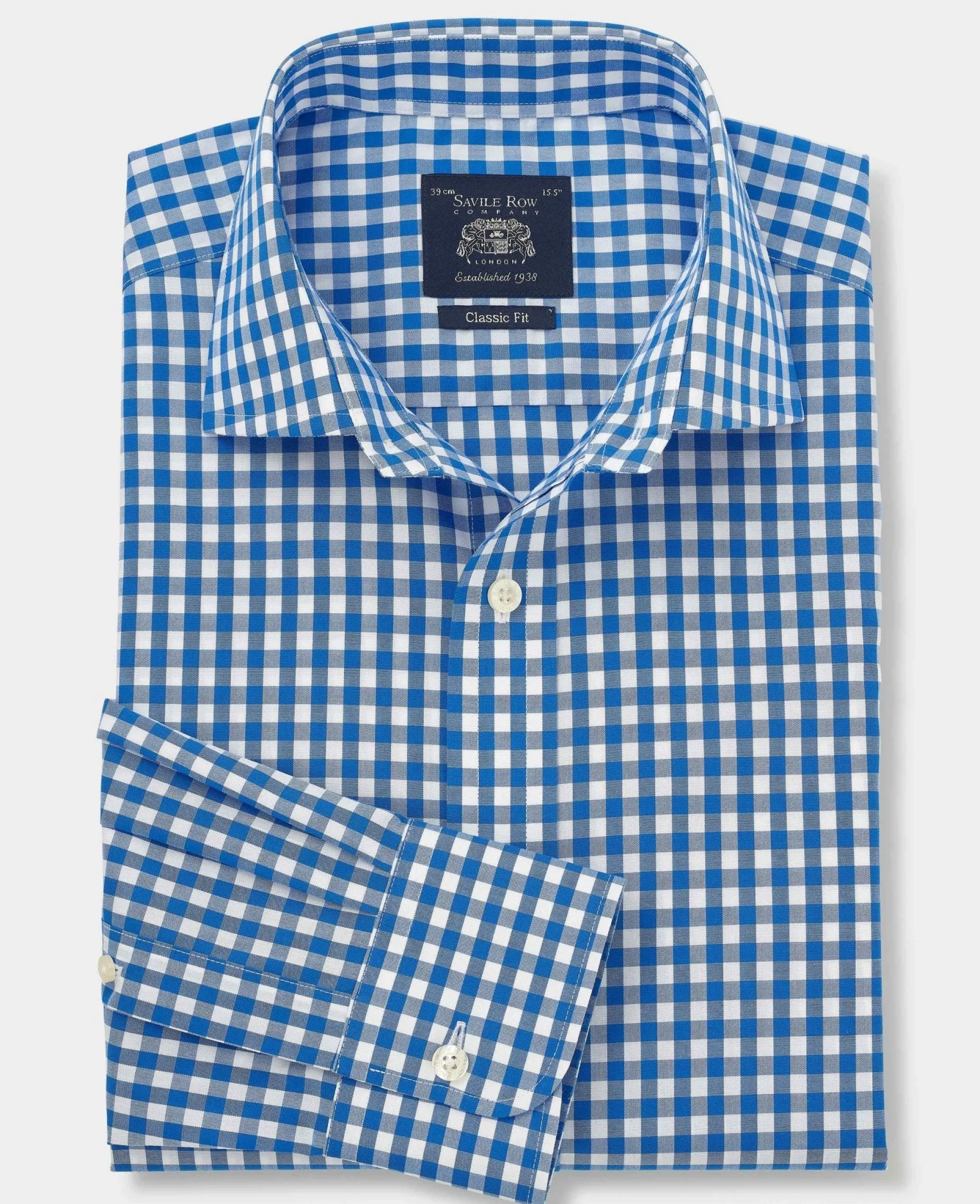 Blue Cotton Poplin Gingham Check Classic Fit Non-Iron Shirt - Single Cuff