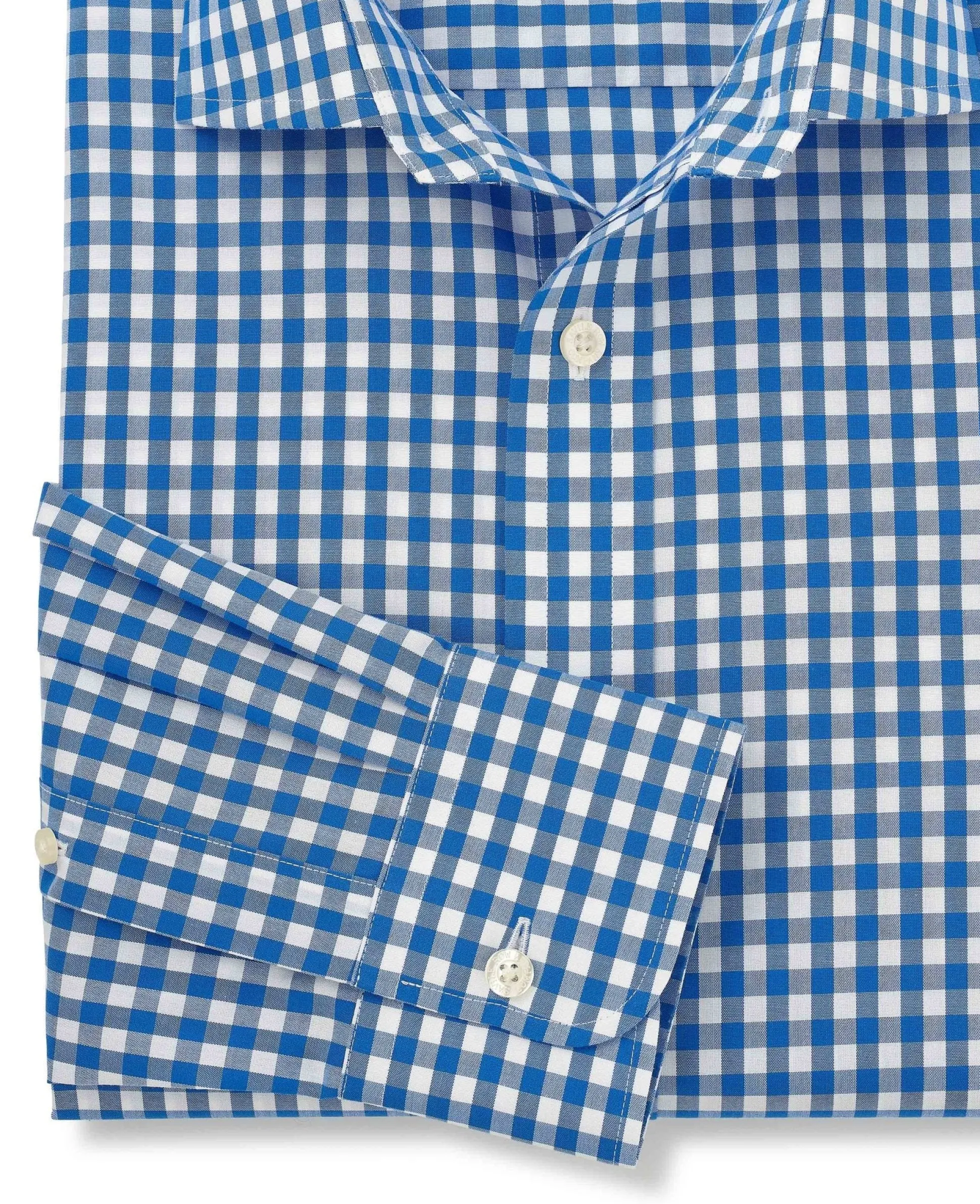 Blue Cotton Poplin Gingham Check Classic Fit Non-Iron Shirt - Single Cuff