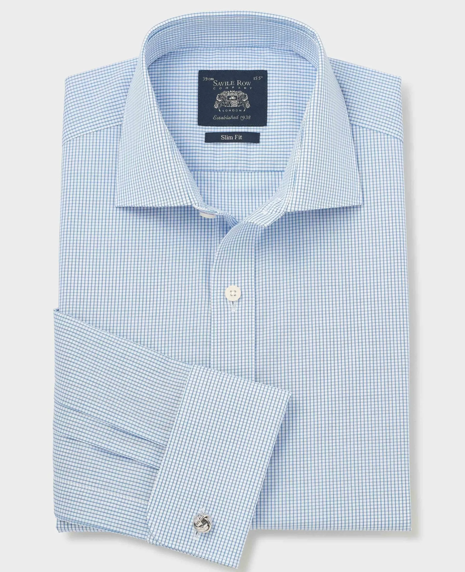 Blue Cotton Poplin Mini Check Slim Fit Formal Shirt - Double Cuff