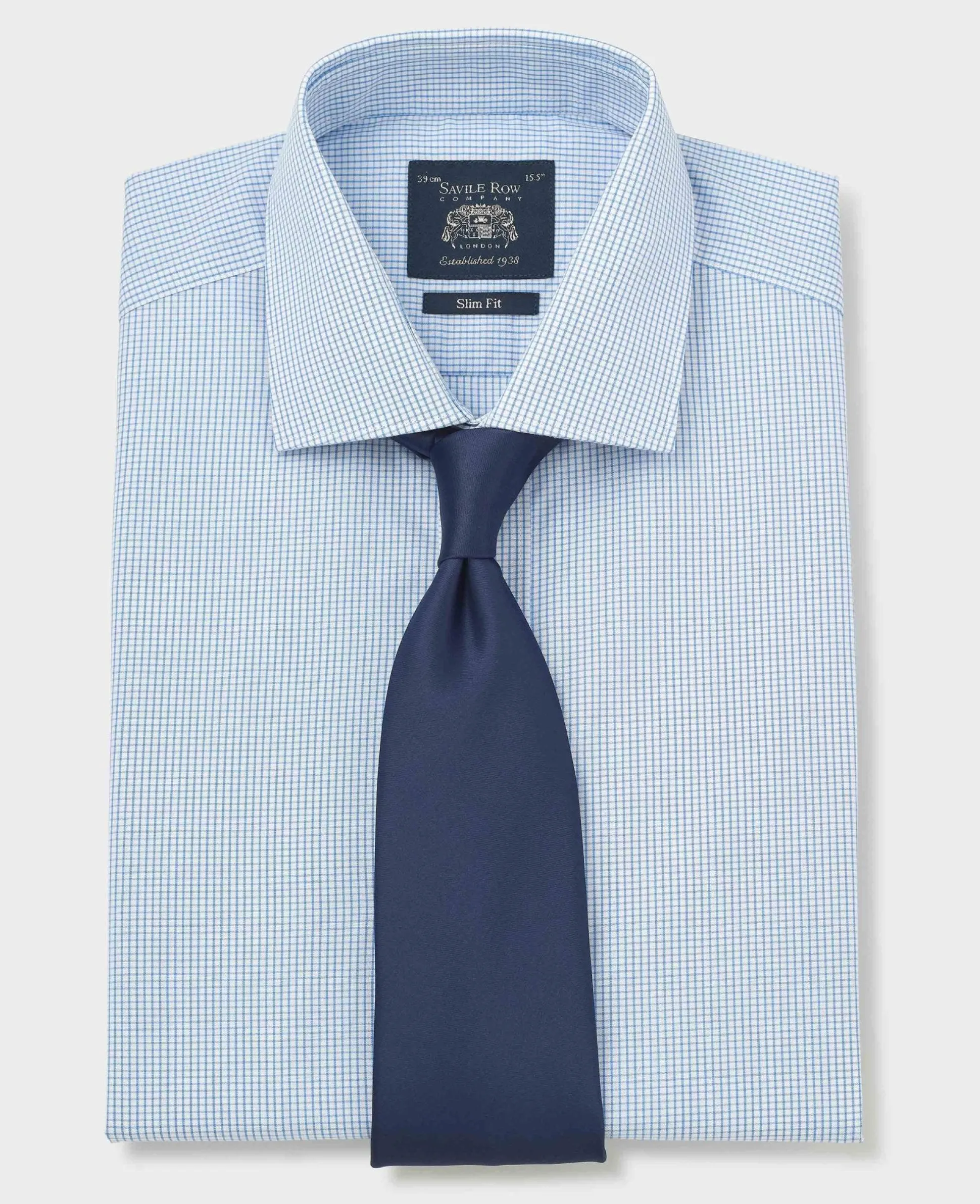 Blue Cotton Poplin Mini Check Slim Fit Formal Shirt - Double Cuff