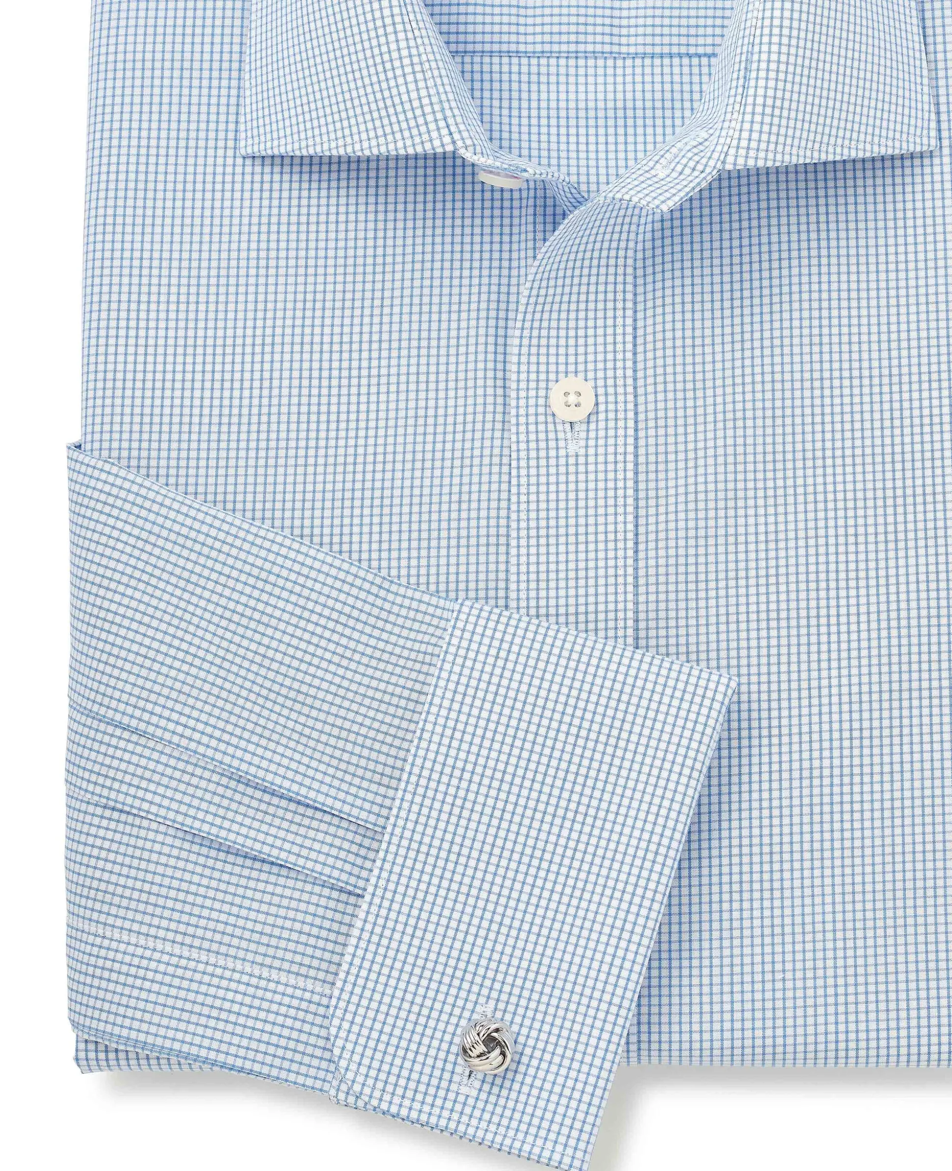 Blue Cotton Poplin Mini Check Slim Fit Formal Shirt - Double Cuff