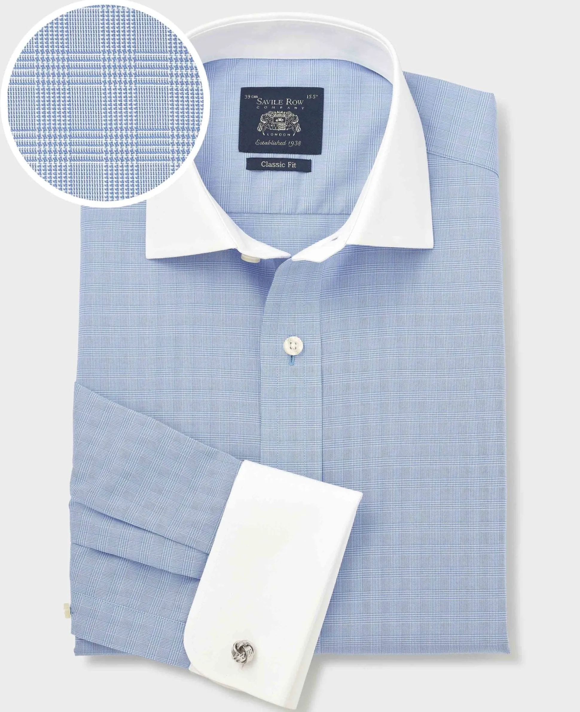 Blue Cotton Poplin Prince of Wales Check Classic Fit Non-Iron Shirt - Double Cuff