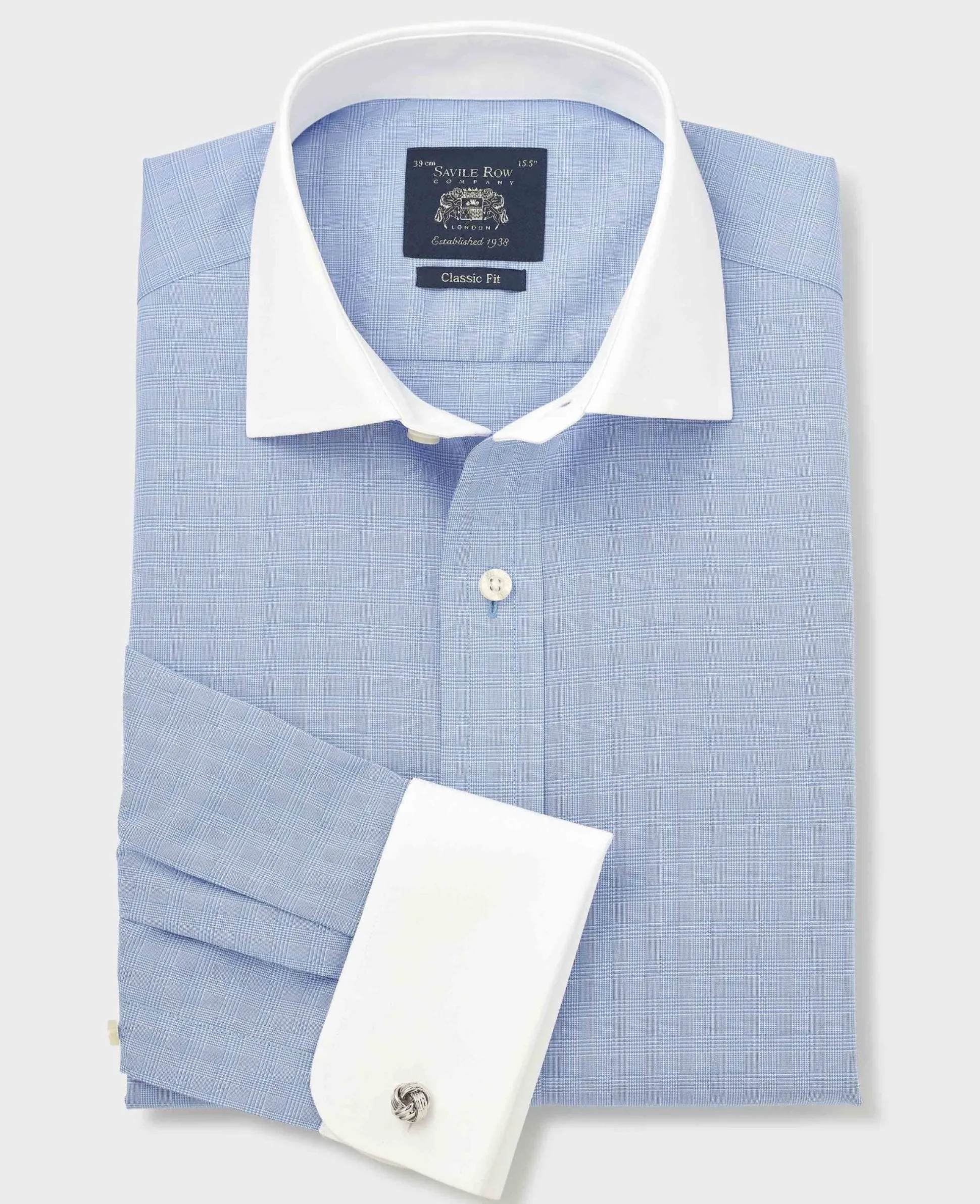 Blue Cotton Poplin Prince of Wales Check Classic Fit Non-Iron Shirt - Double Cuff