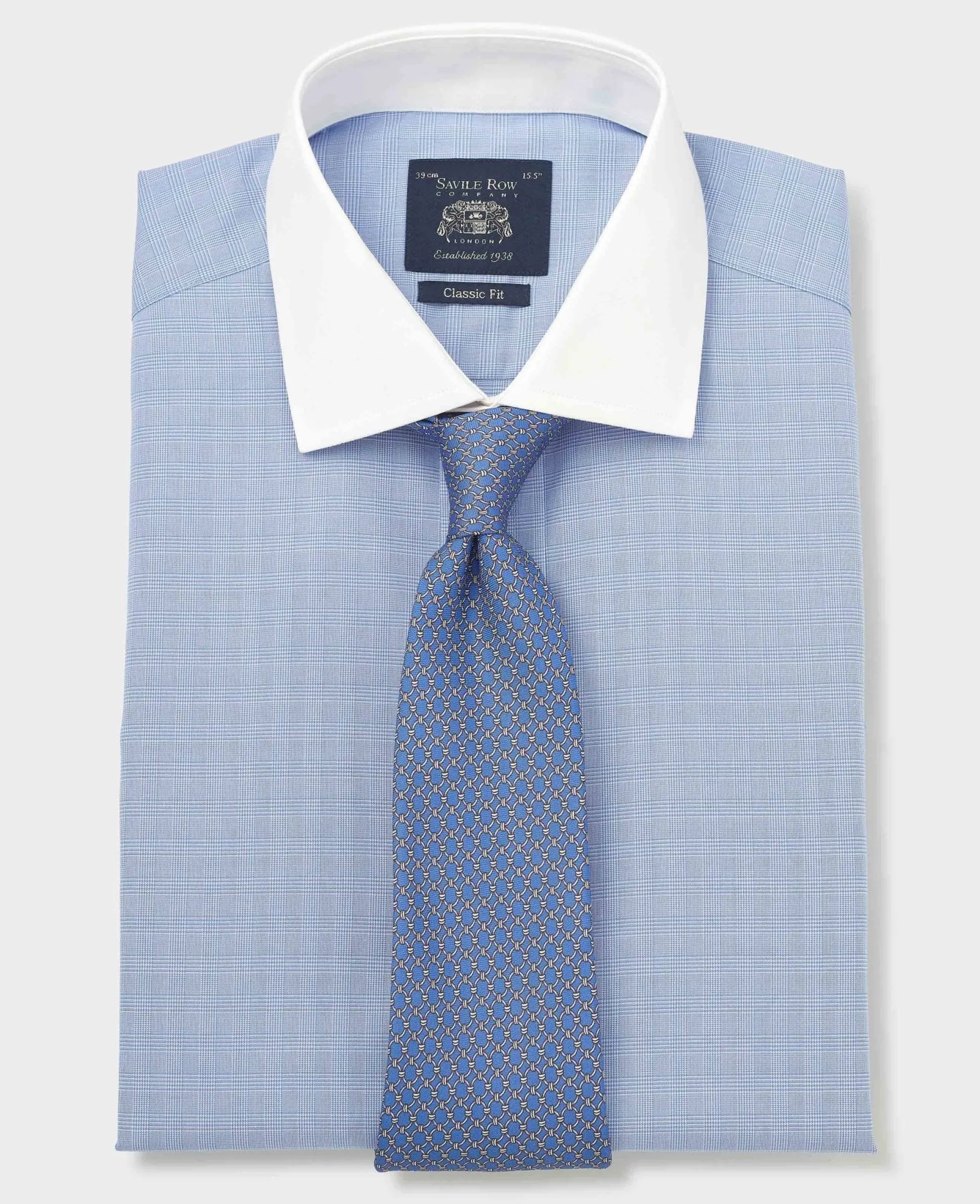 Blue Cotton Poplin Prince of Wales Check Classic Fit Non-Iron Shirt - Double Cuff