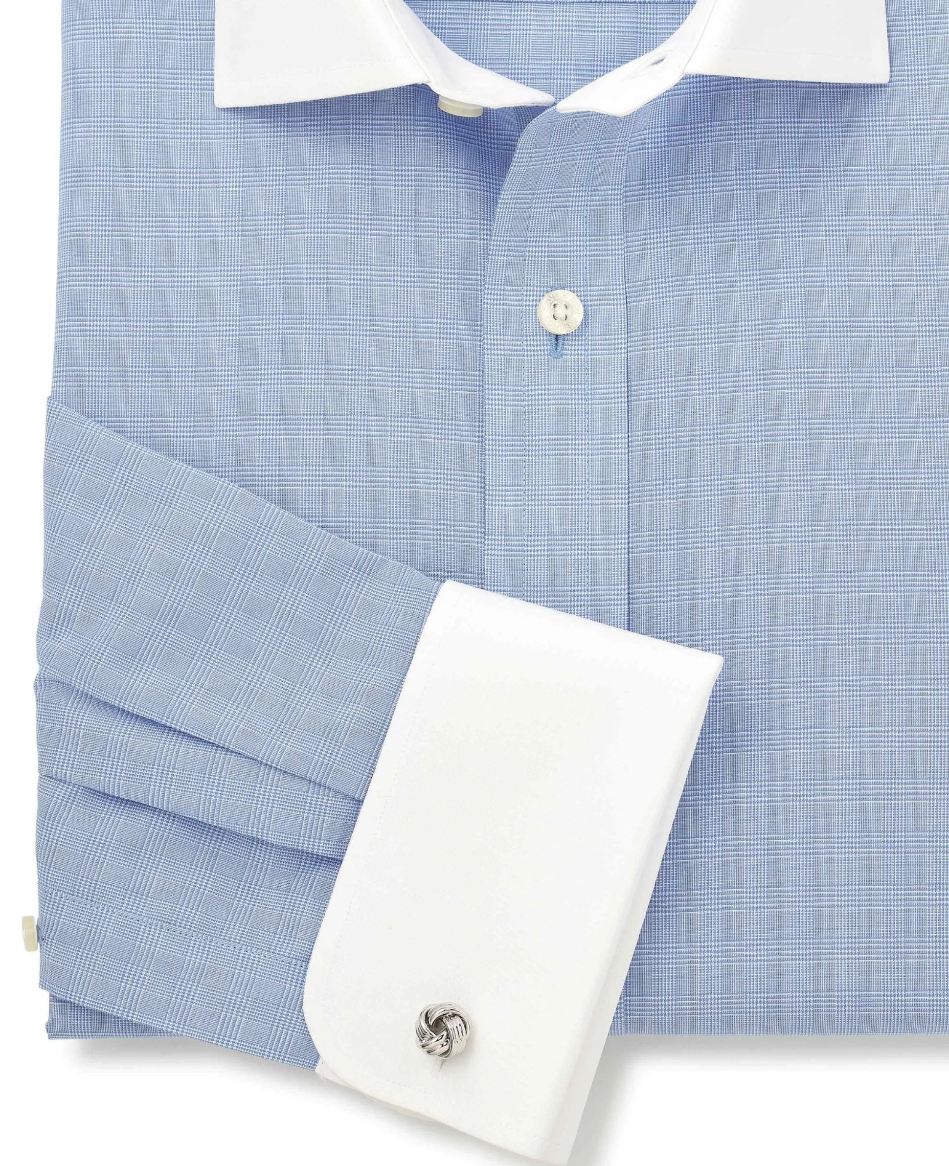 Blue Cotton Poplin Prince of Wales Check Classic Fit Non-Iron Shirt - Double Cuff
