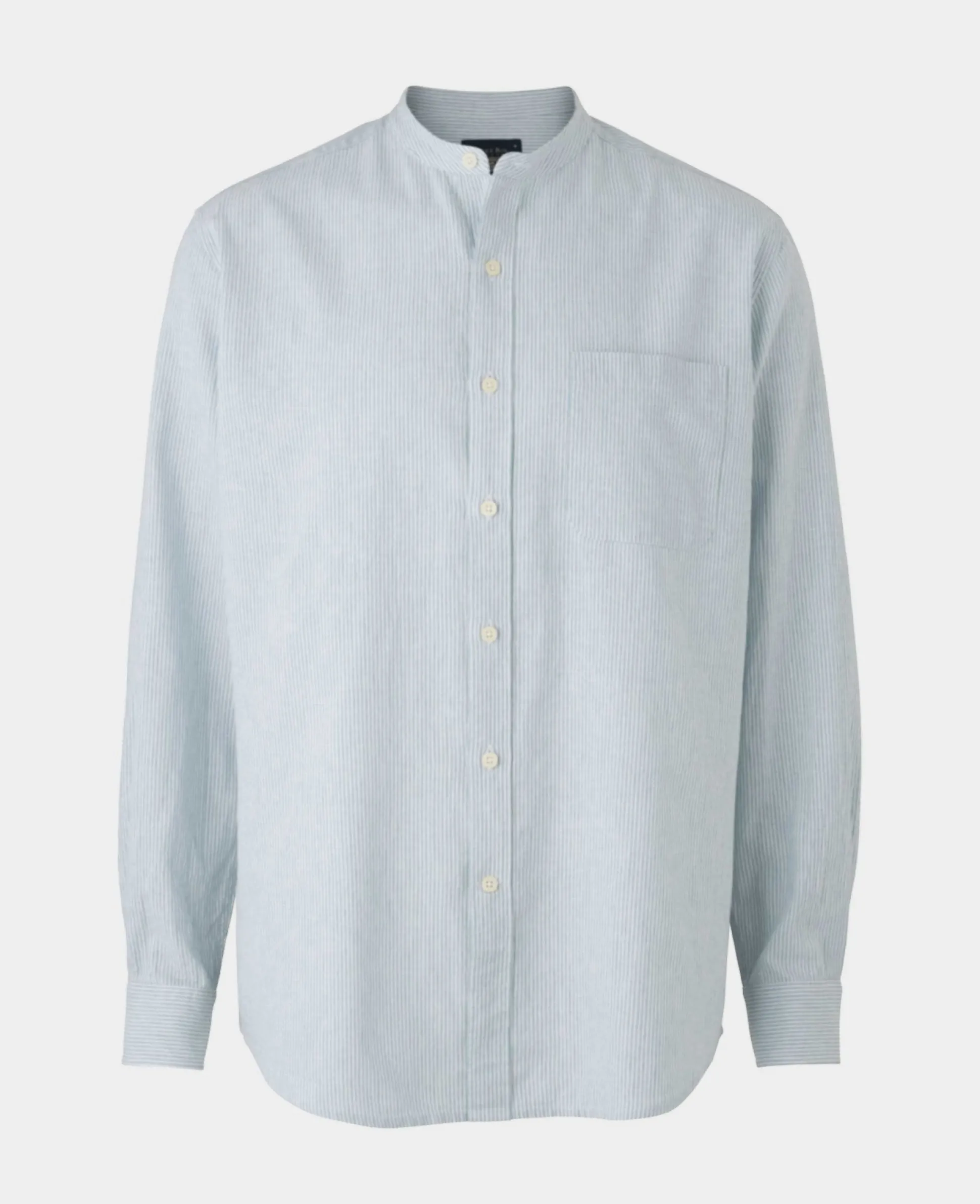 Blue Linen Cotton Stripe Classic Fit Grandad Collar Casual Shirt