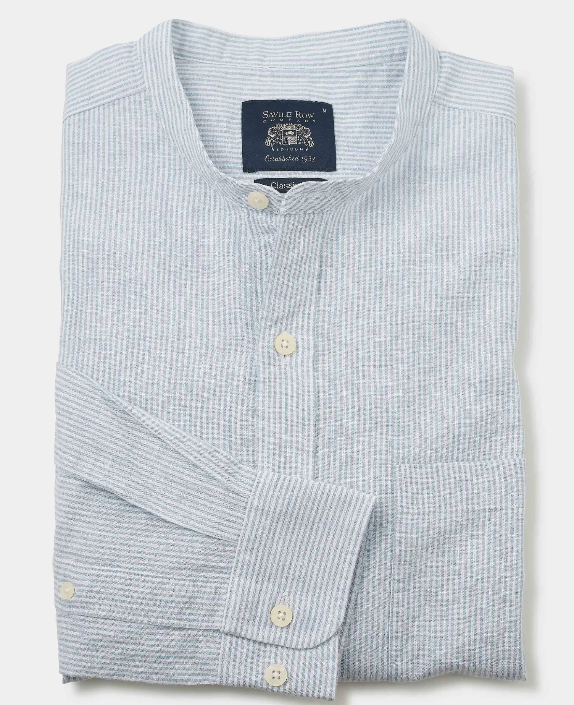 Blue Linen Cotton Stripe Classic Fit Grandad Collar Casual Shirt