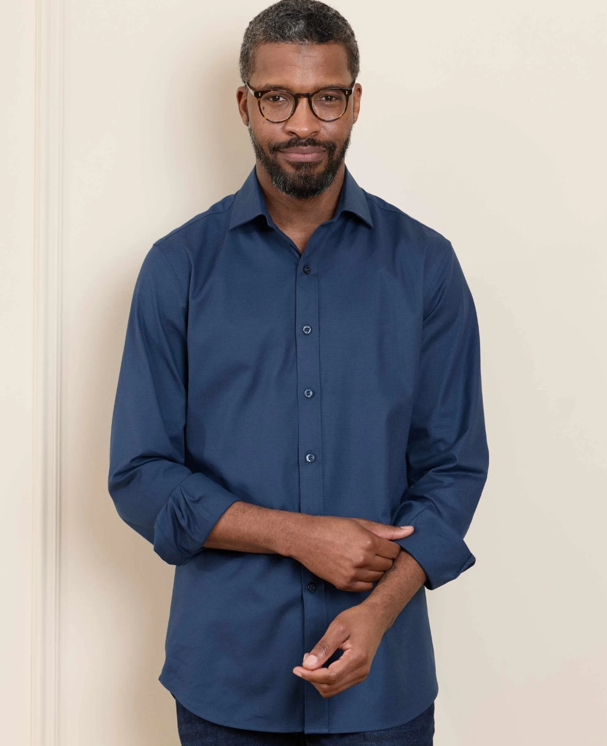 Blue Stretch Textured Cotton Slim Fit Formal Shirt - Single Cuff