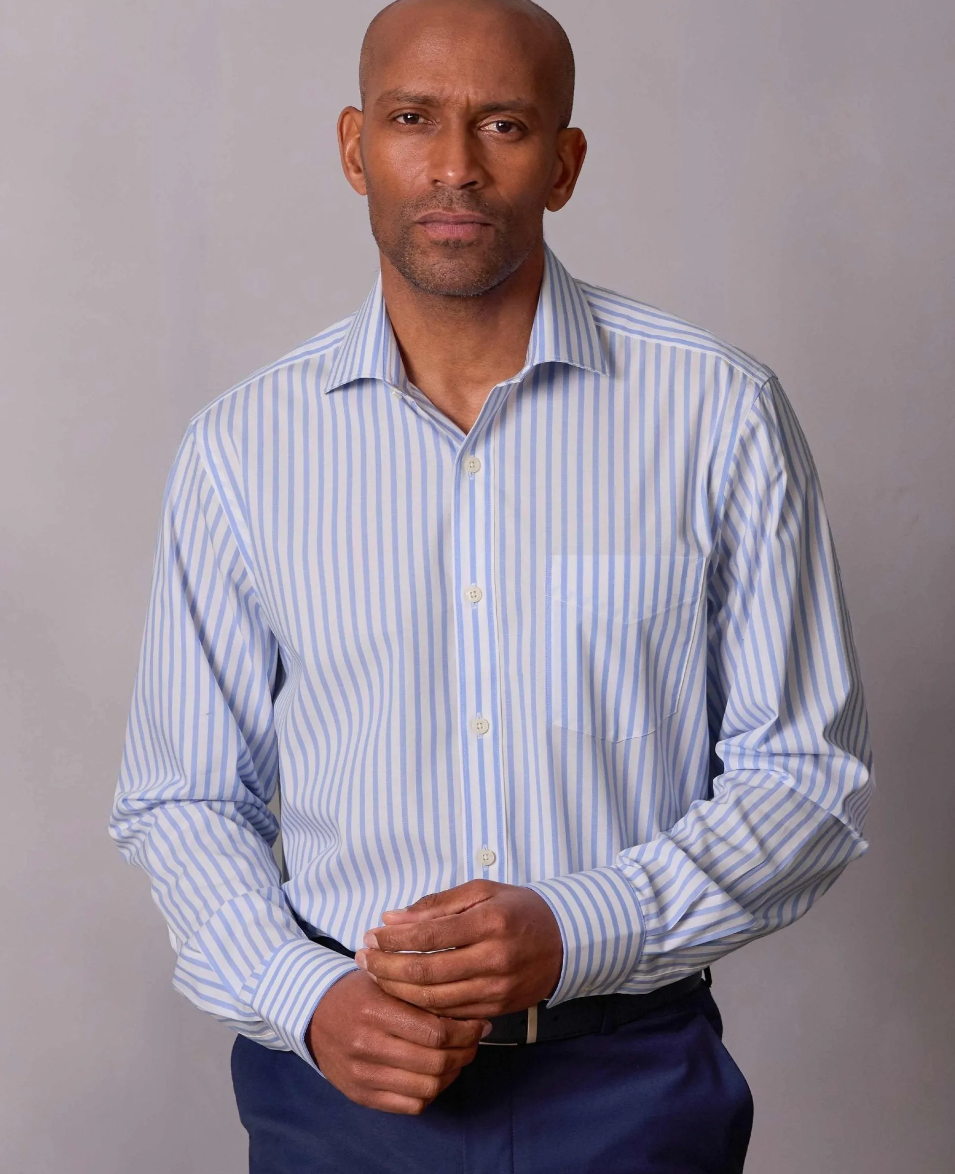 Blue White Stripe Cotton Poplin Classic Fit Formal Shirt - Single Cuff