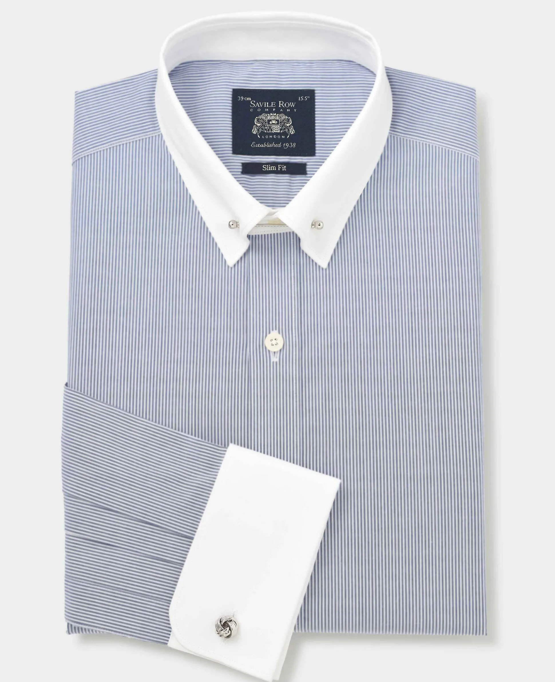 Blue White Stripe Poplin Slim Fit Pin Collar Winchester Formal Shirt - Double Cuff