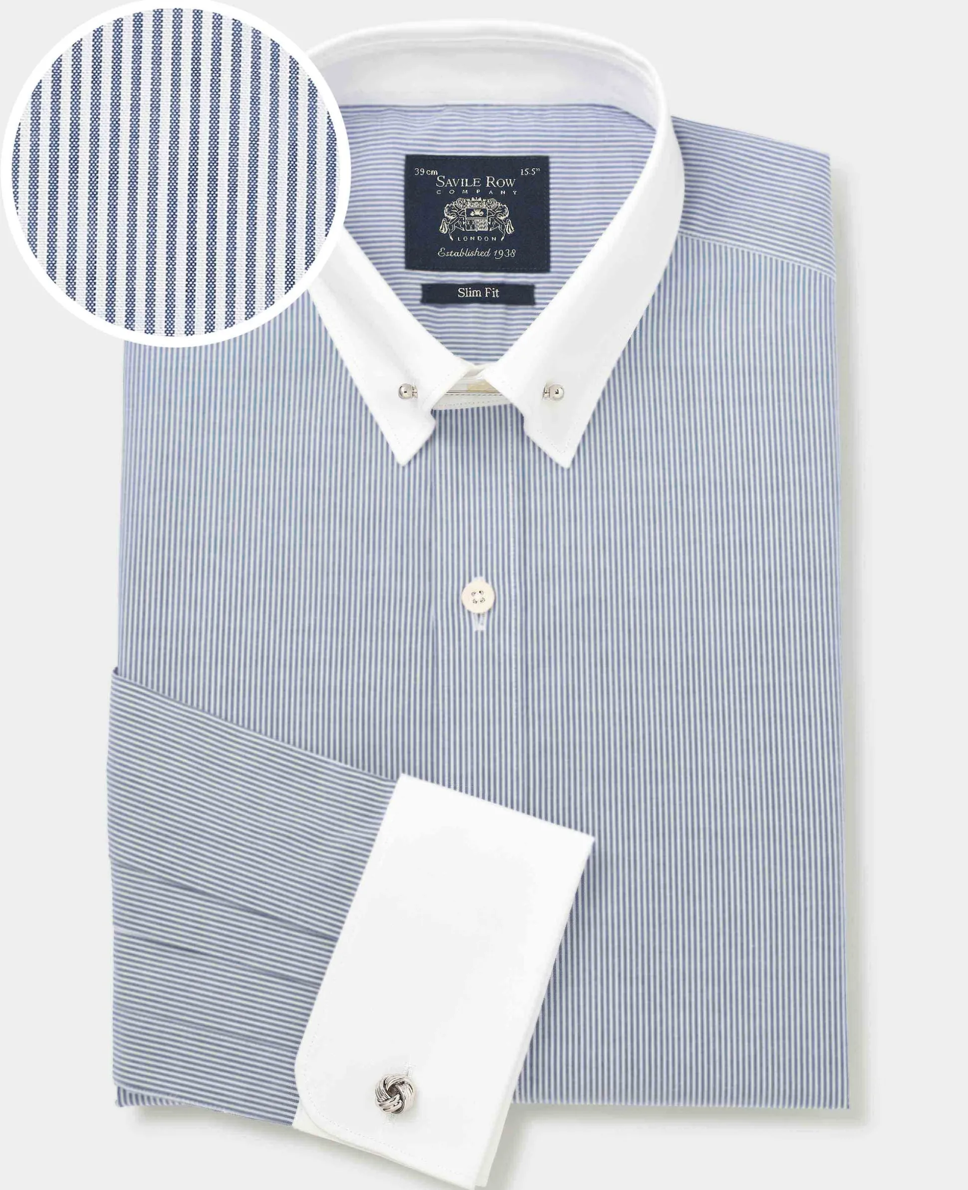 Blue White Stripe Poplin Slim Fit Pin Collar Winchester Formal Shirt - Double Cuff