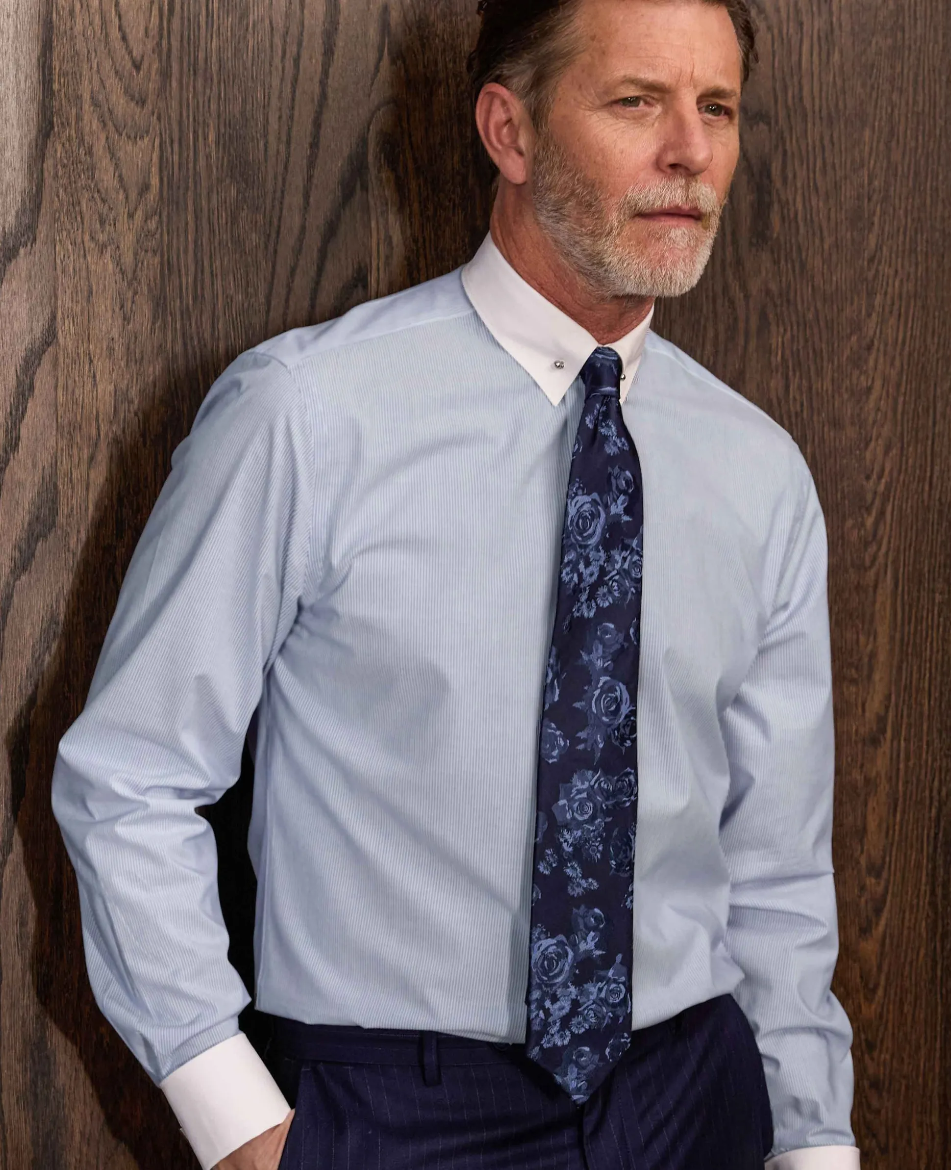 Blue White Stripe Poplin Slim Fit Pin Collar Winchester Formal Shirt - Double Cuff