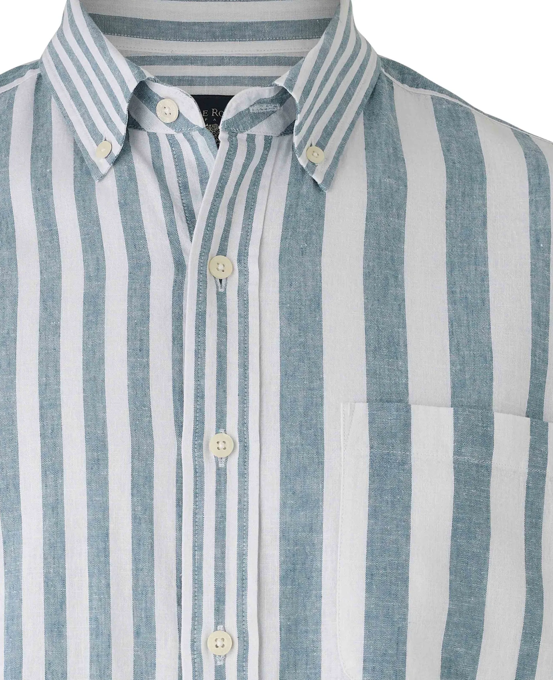 Blue White Variegated Stripe Cotton Linen Classic Fit Button-Down Casual Shirt