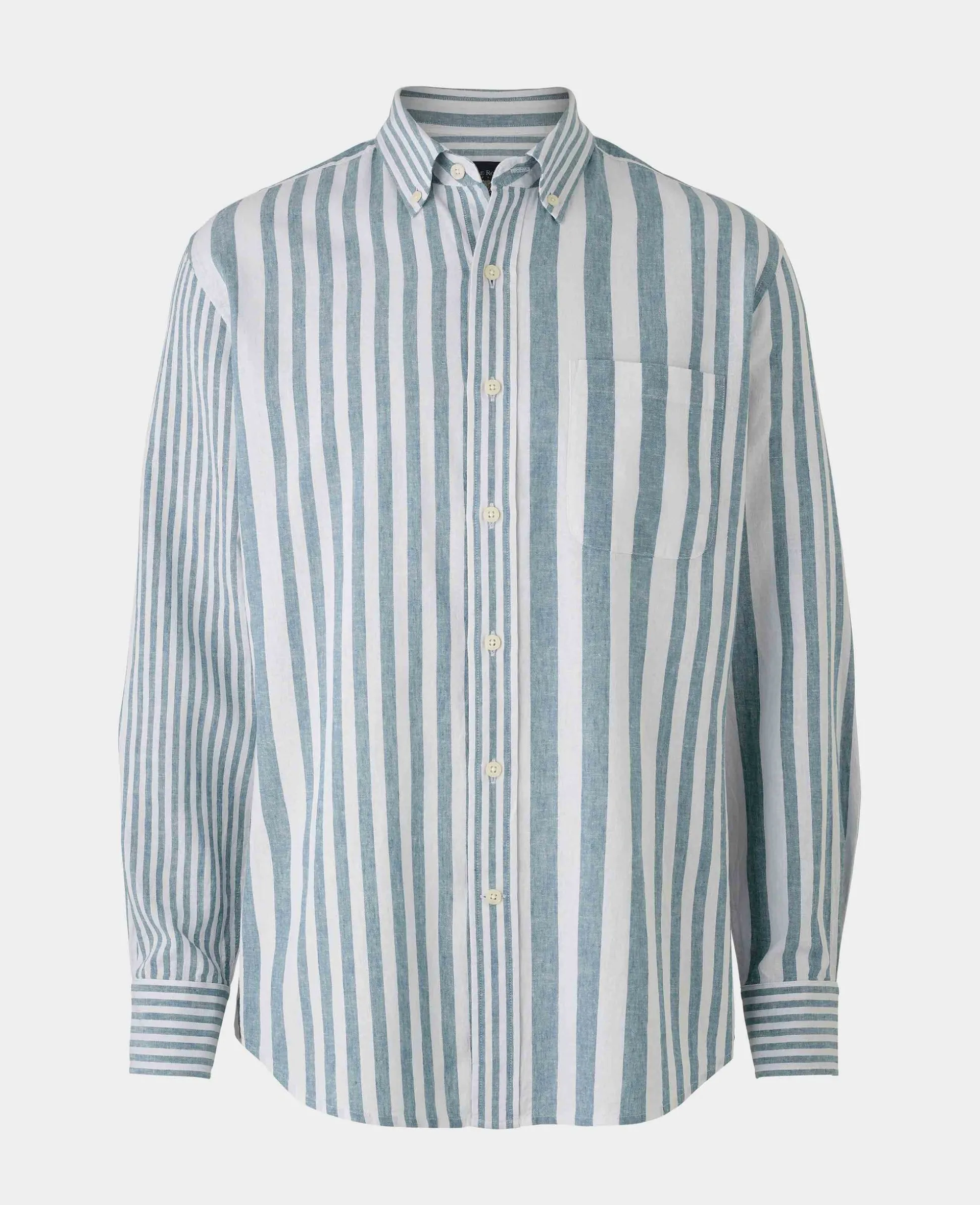Blue White Variegated Stripe Cotton Linen Classic Fit Button-Down Casual Shirt