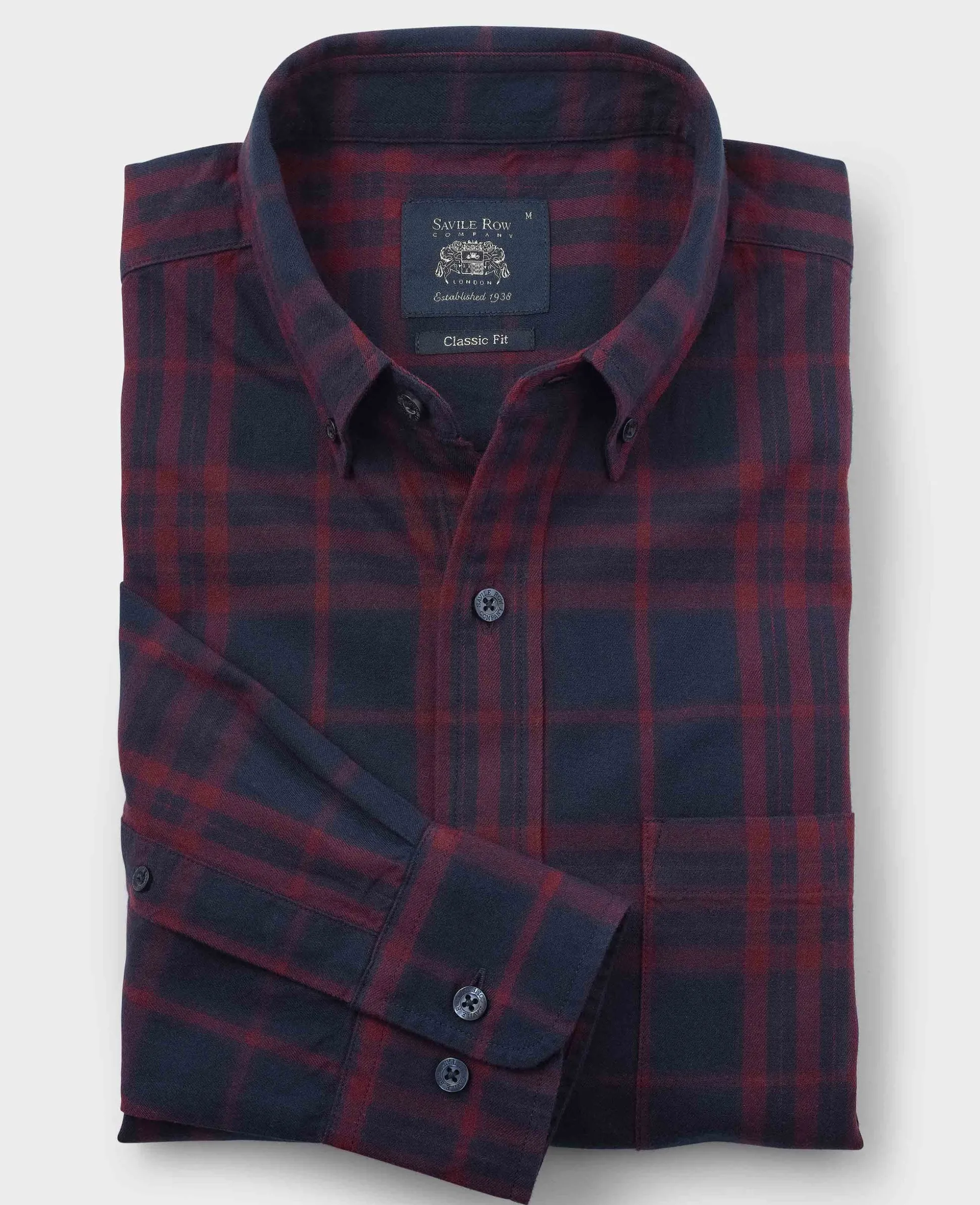 Burgundy Navy Brushed Cotton Check Classic Fit Button-Down Casual Shirt