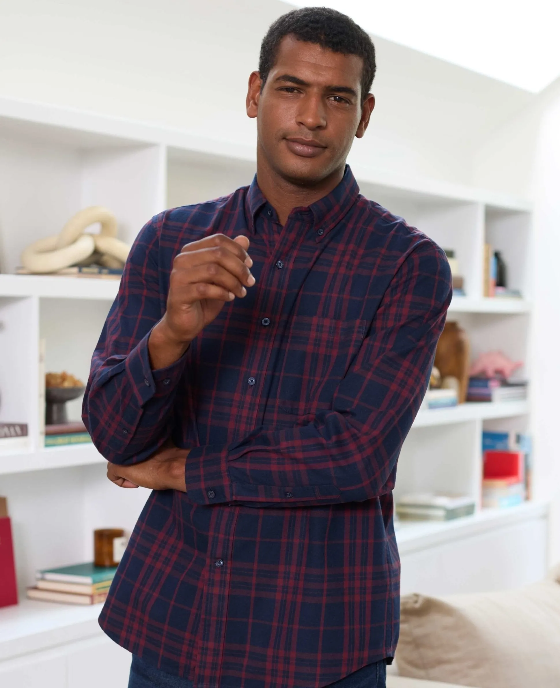 Burgundy Navy Brushed Cotton Check Classic Fit Button-Down Casual Shirt