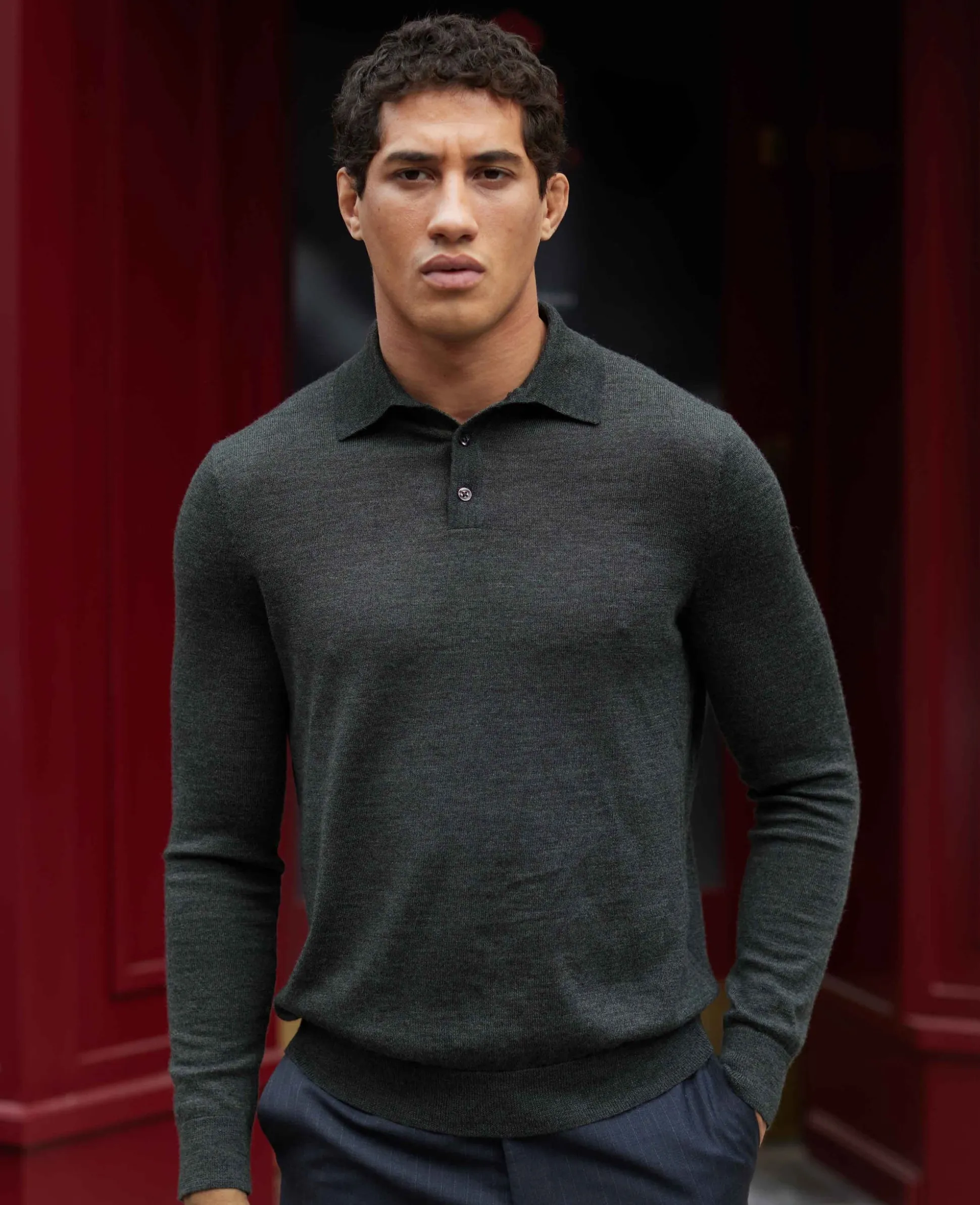 Charcoal Merino Wool Knitted Polo Shirt