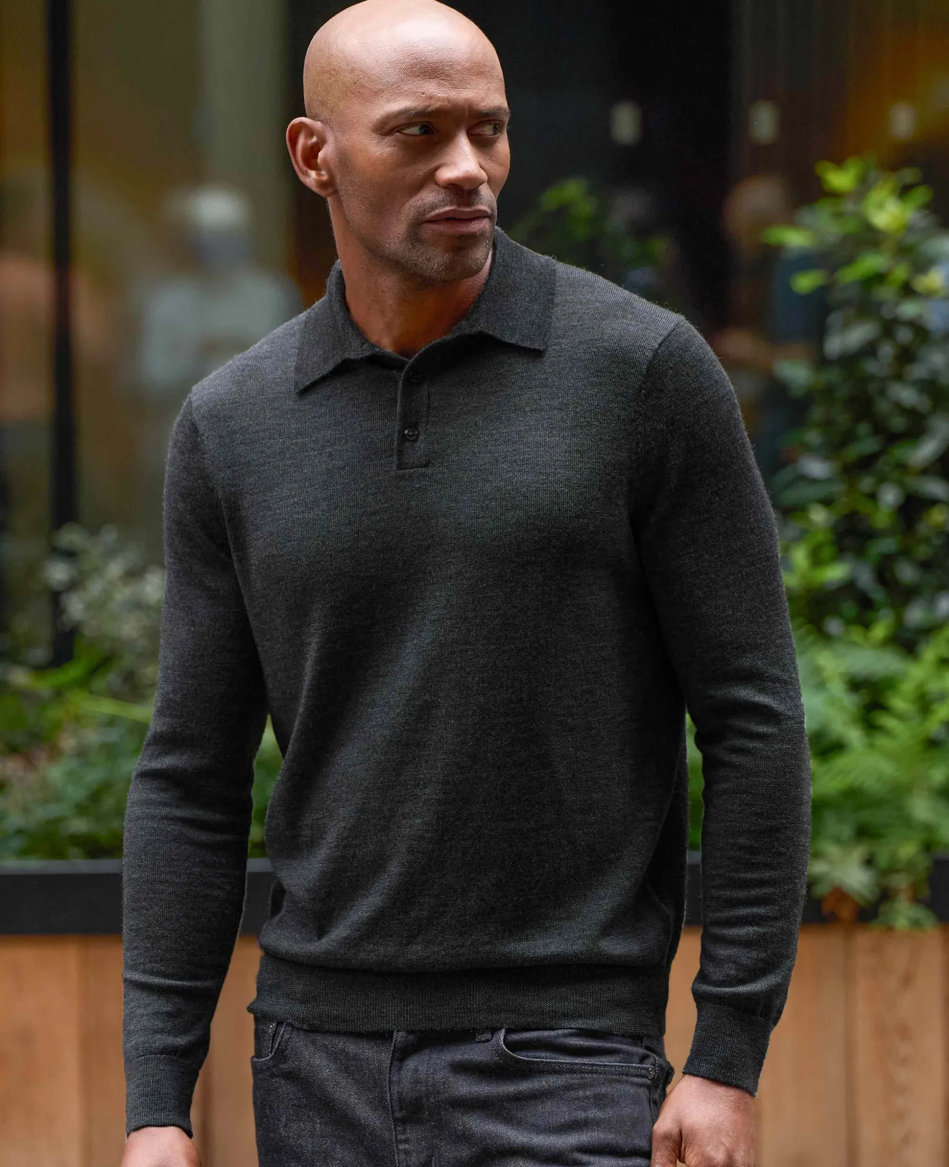 Charcoal Merino Wool Knitted Polo Shirt