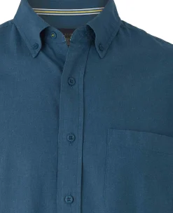 Dark Blue Linen Cotton Classic Fit Button-Down Short Sleeve Casual Shirt