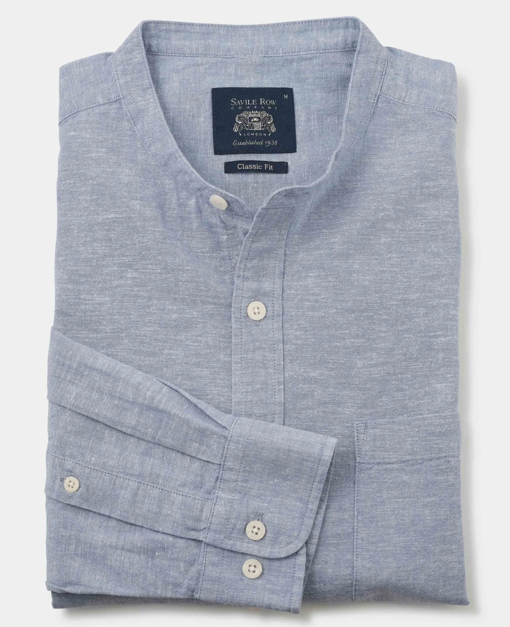 Denim Blue Linen Cotton Classic Fit Grandad Collar Casual Shirt