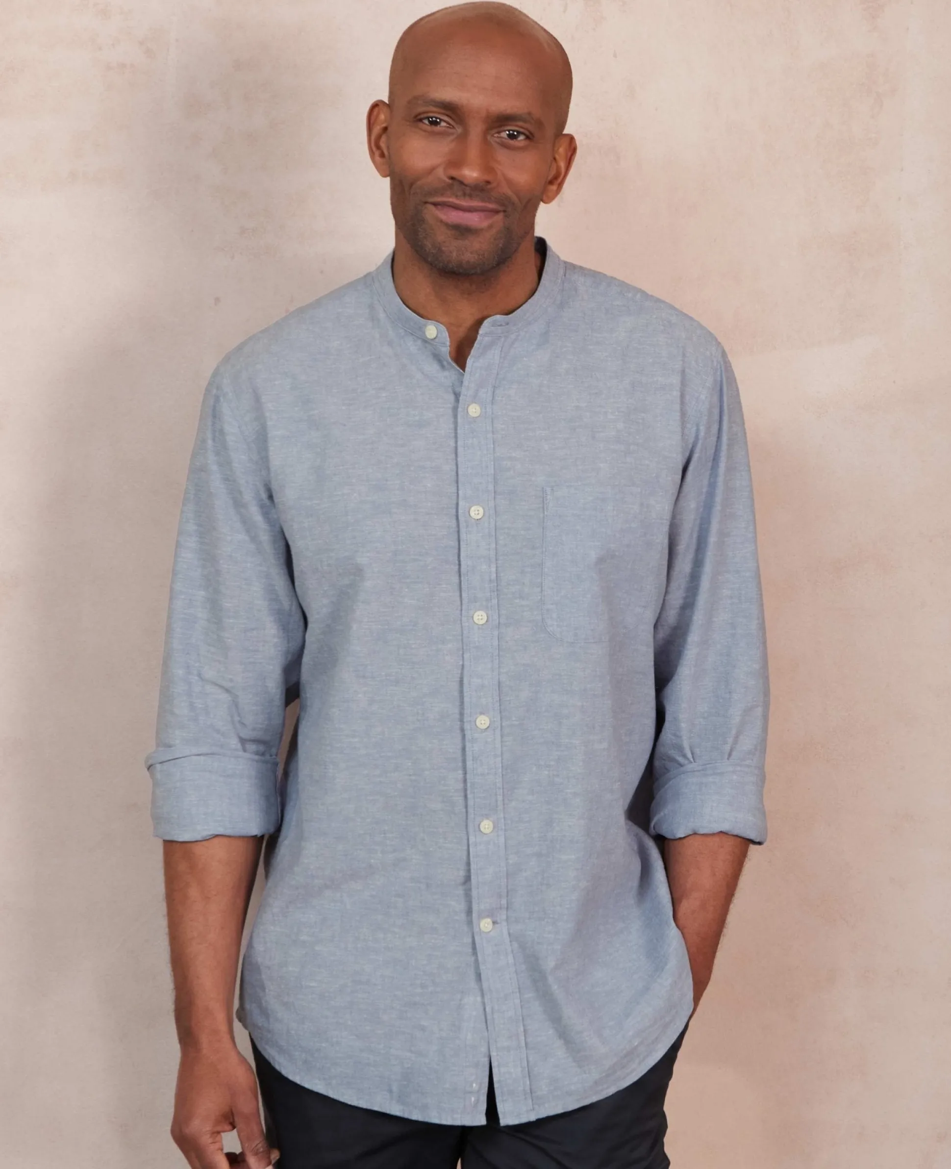 Denim Blue Linen Cotton Classic Fit Grandad Collar Casual Shirt