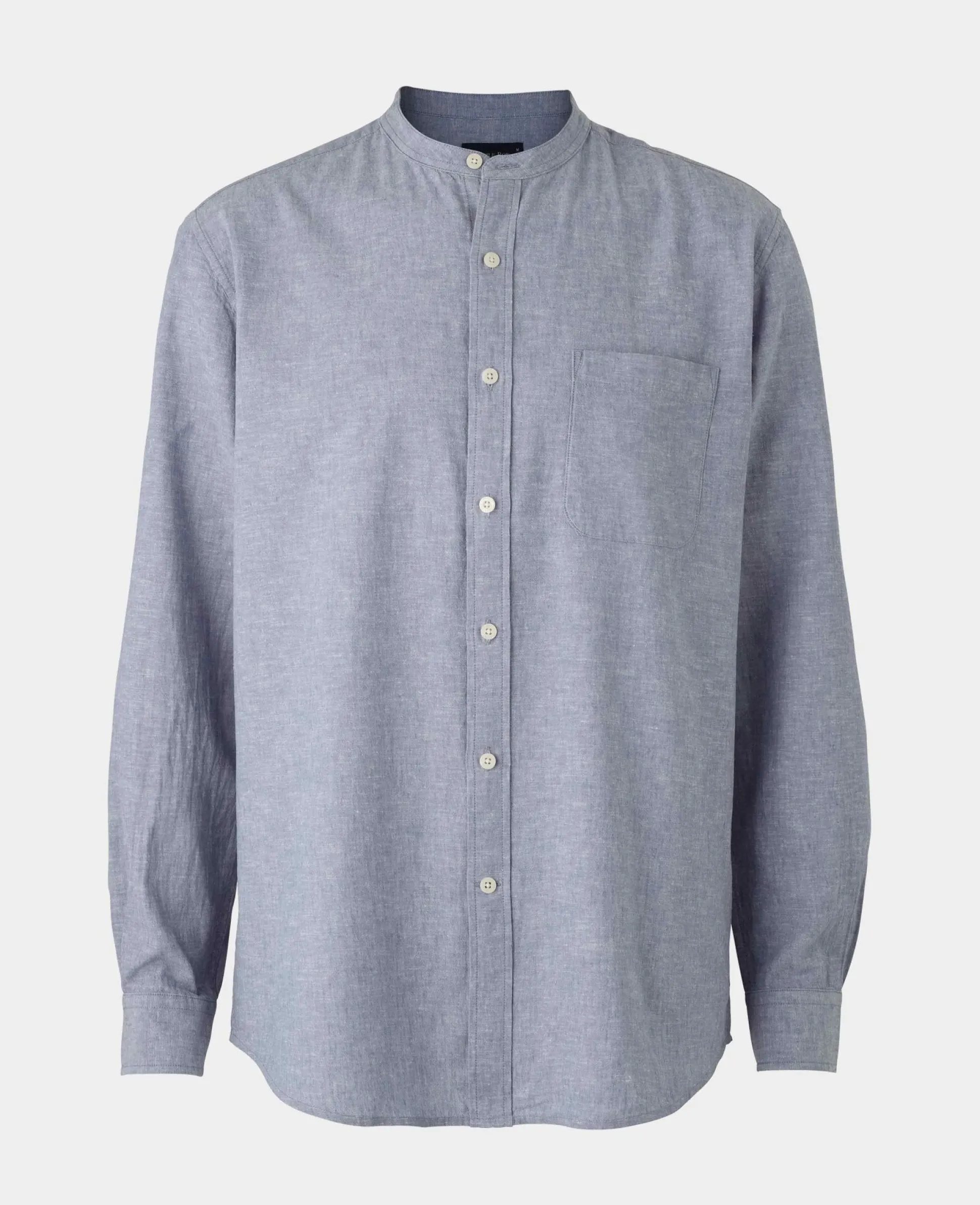 Denim Blue Linen Cotton Classic Fit Grandad Collar Casual Shirt