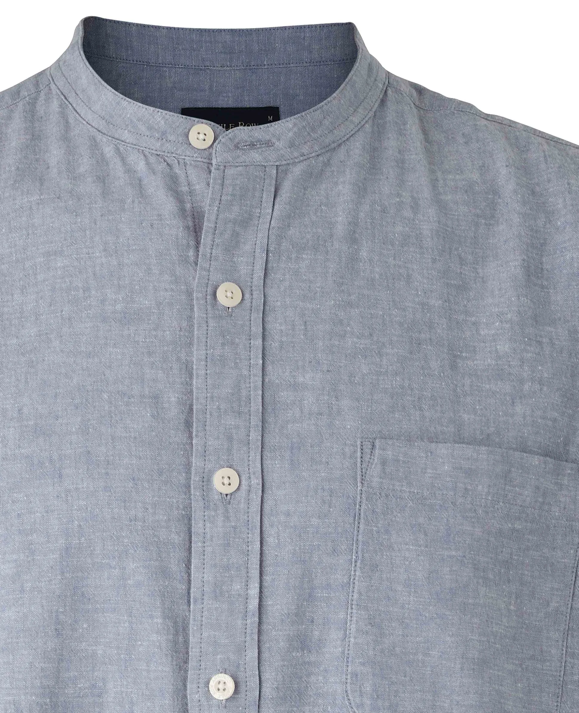 Denim Blue Linen Cotton Classic Fit Grandad Collar Casual Shirt