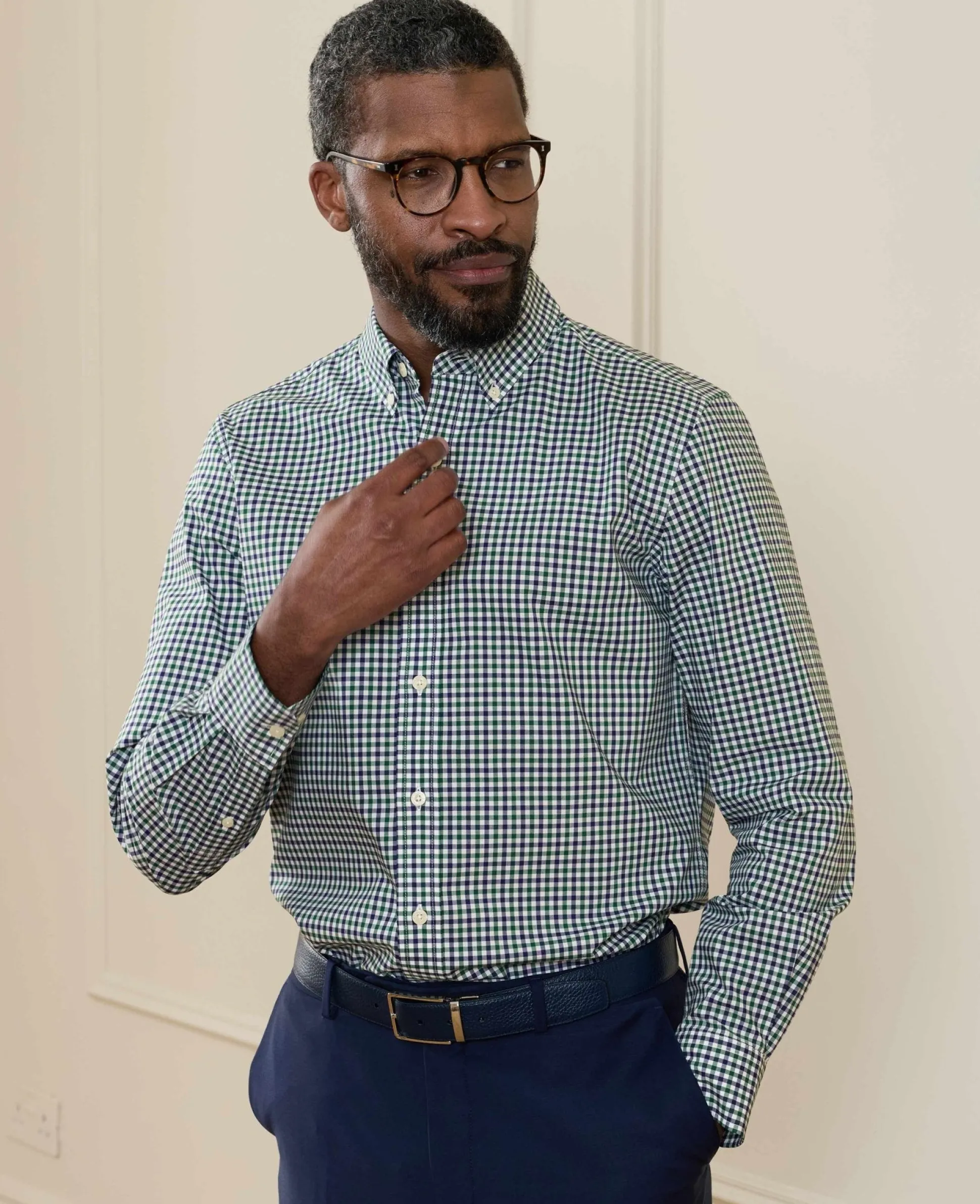 Green Blue Poplin Gingham Check Slim Fit Casual Shirt