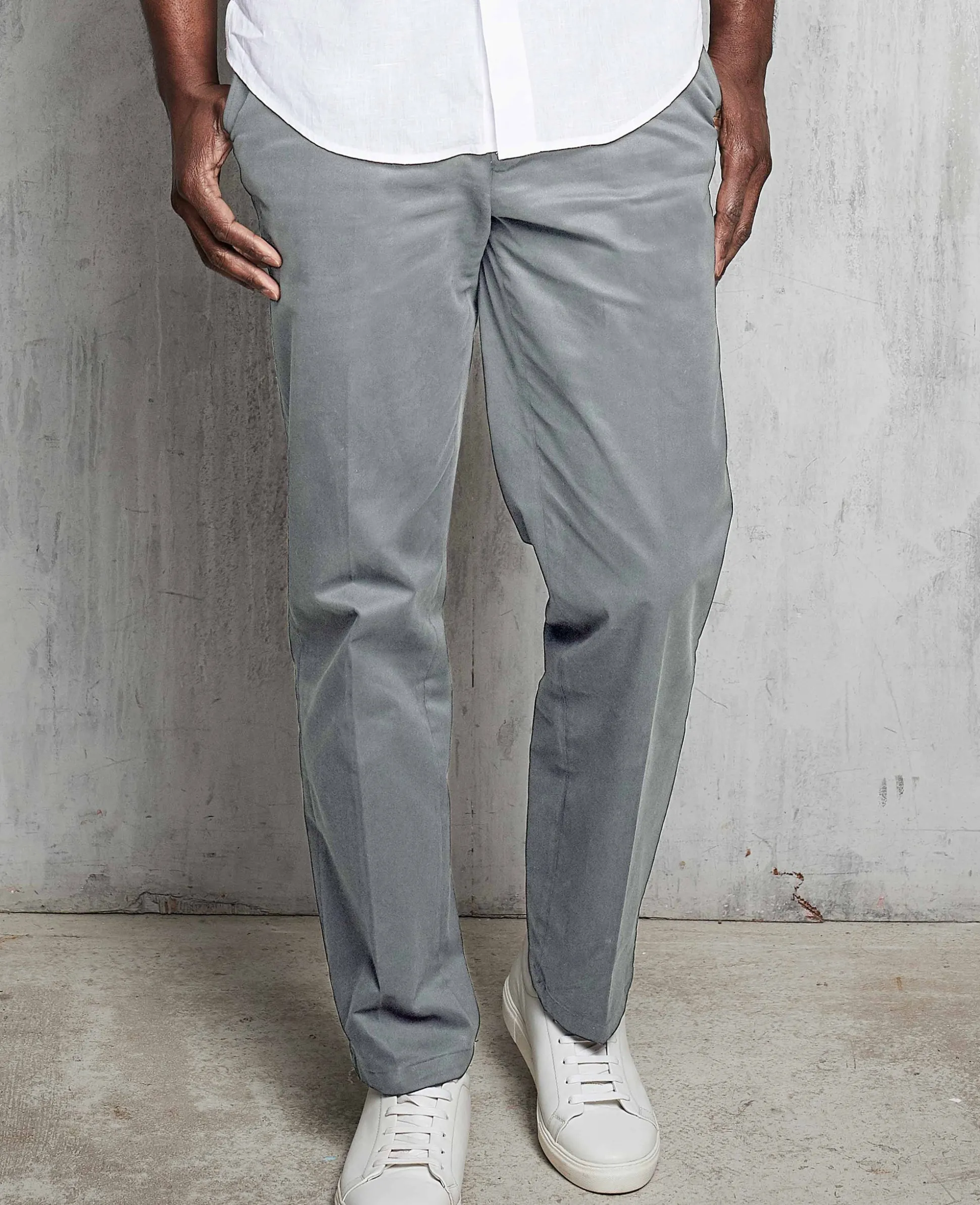 Grey Stretch Cotton Classic Fit Flat Front Chinos