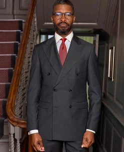 Grey Wool Blend Chalk Stripe Double Breasted Suit Jacket