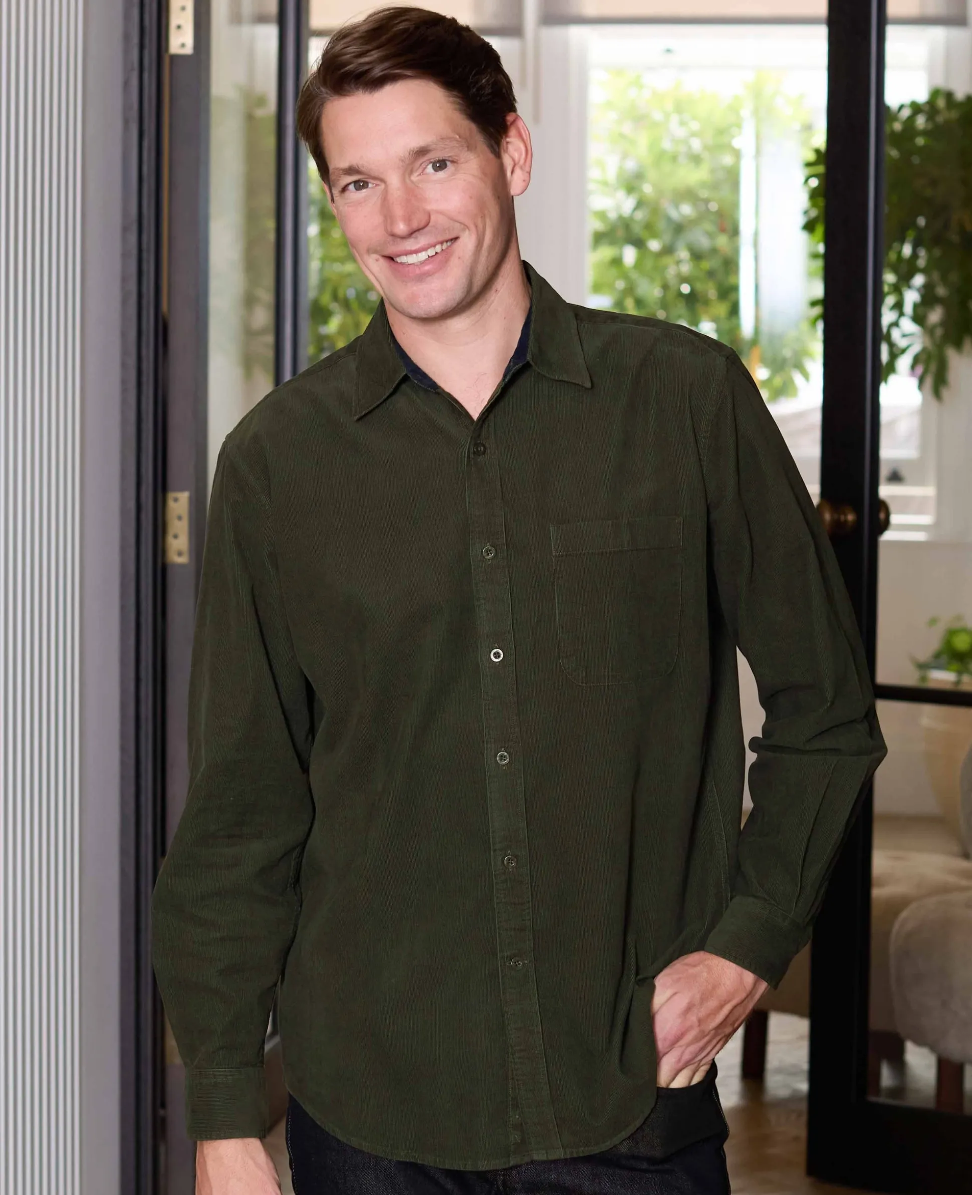Khaki Cotton Babycord Classic Fit Casual Shirt