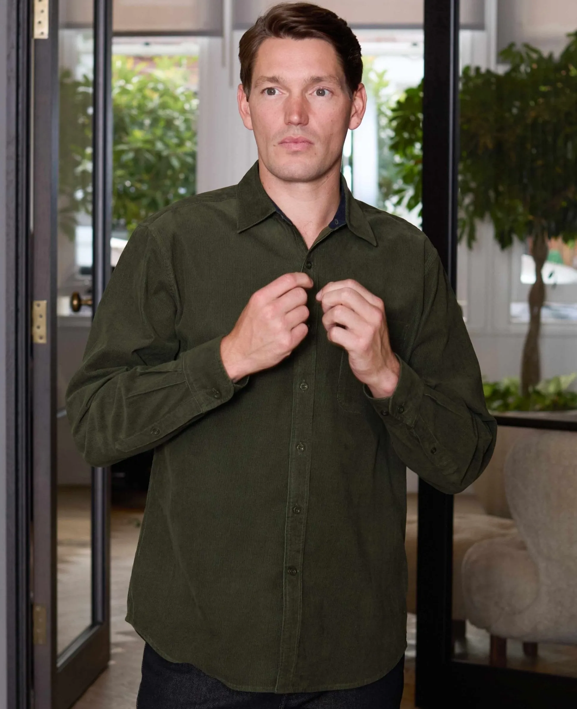 Khaki Cotton Babycord Classic Fit Casual Shirt