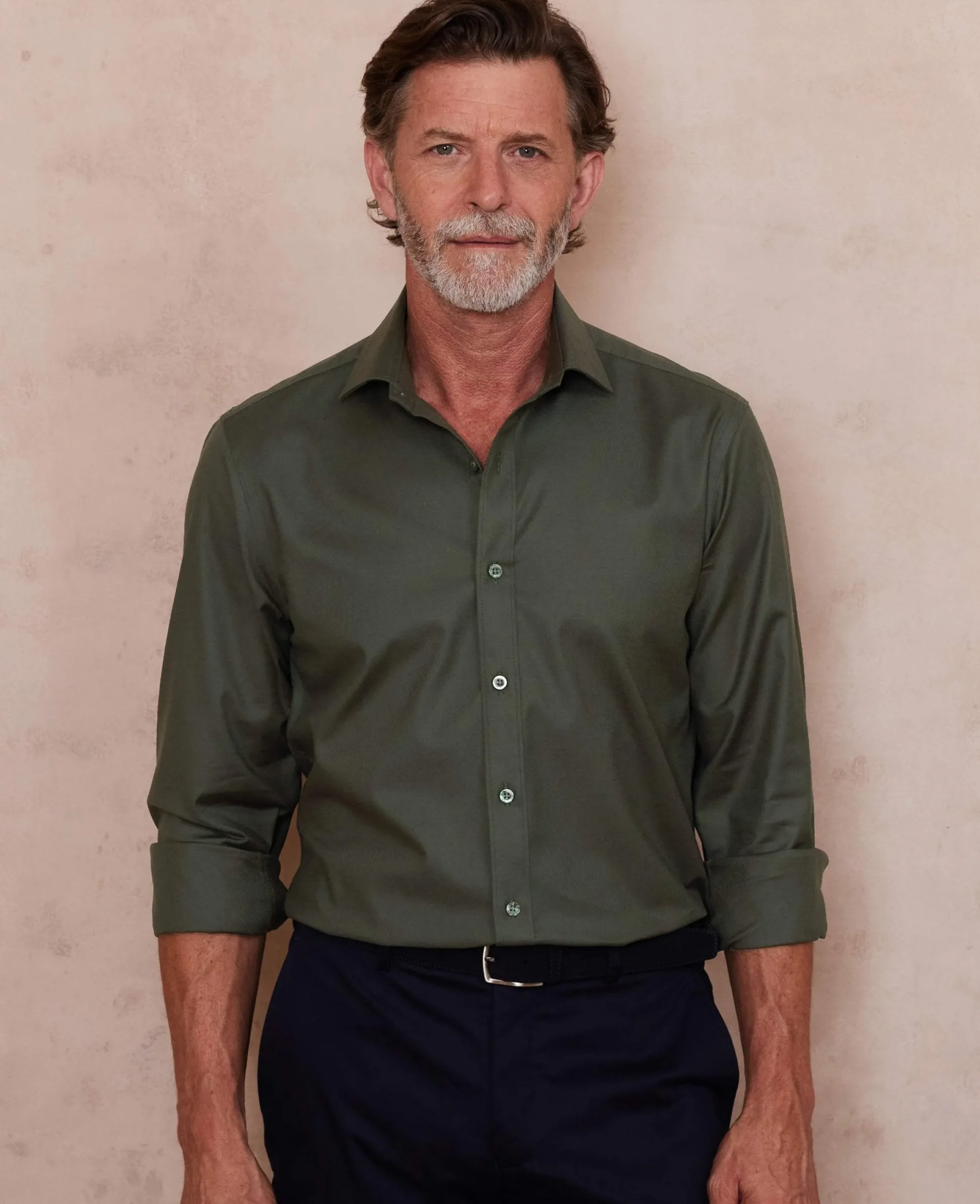 Khaki Stretch Cotton Slim Fit Formal Shirt - Single Cuff