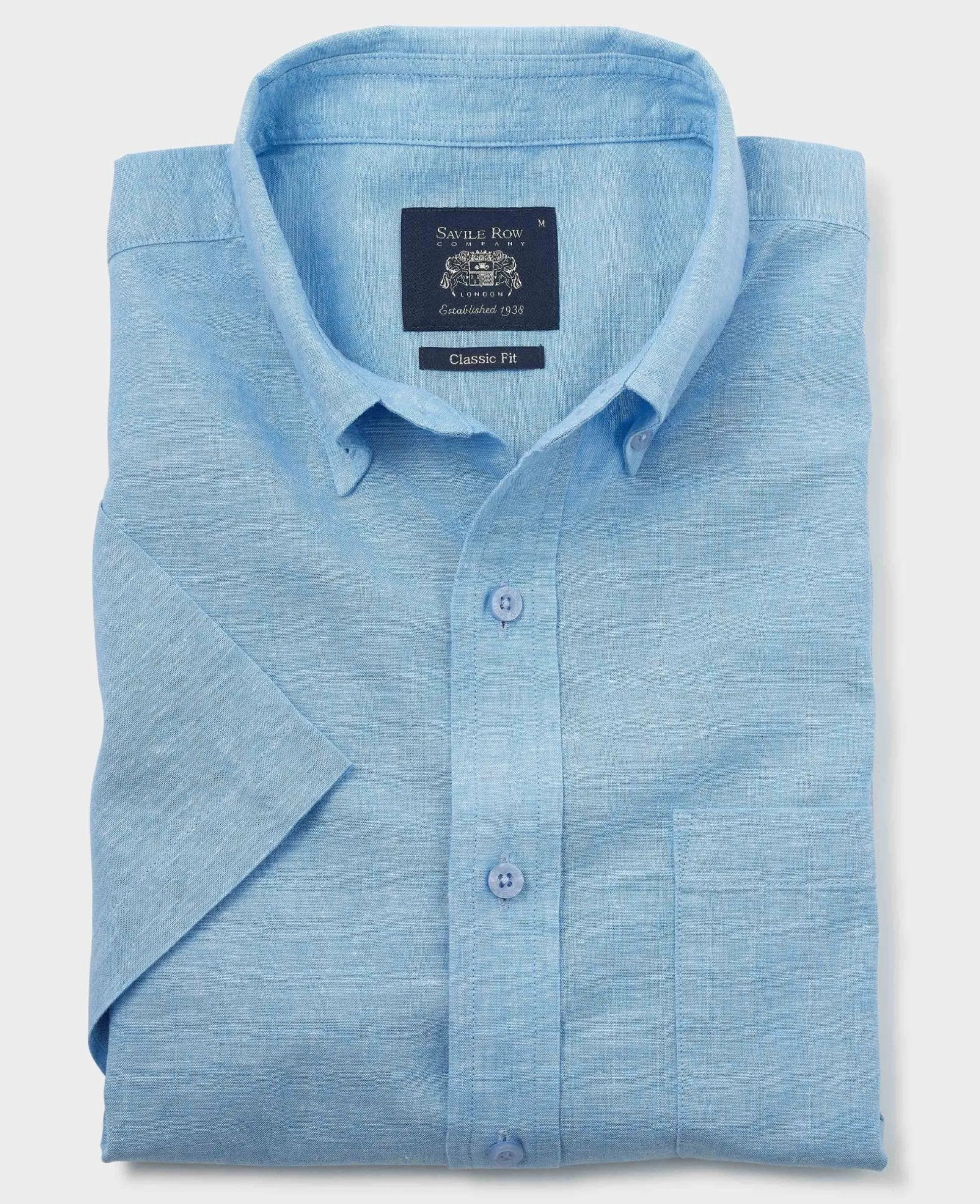 Light Blue Linen Cotton Classic Fit Button-Down Short Sleeve Casual Shirt