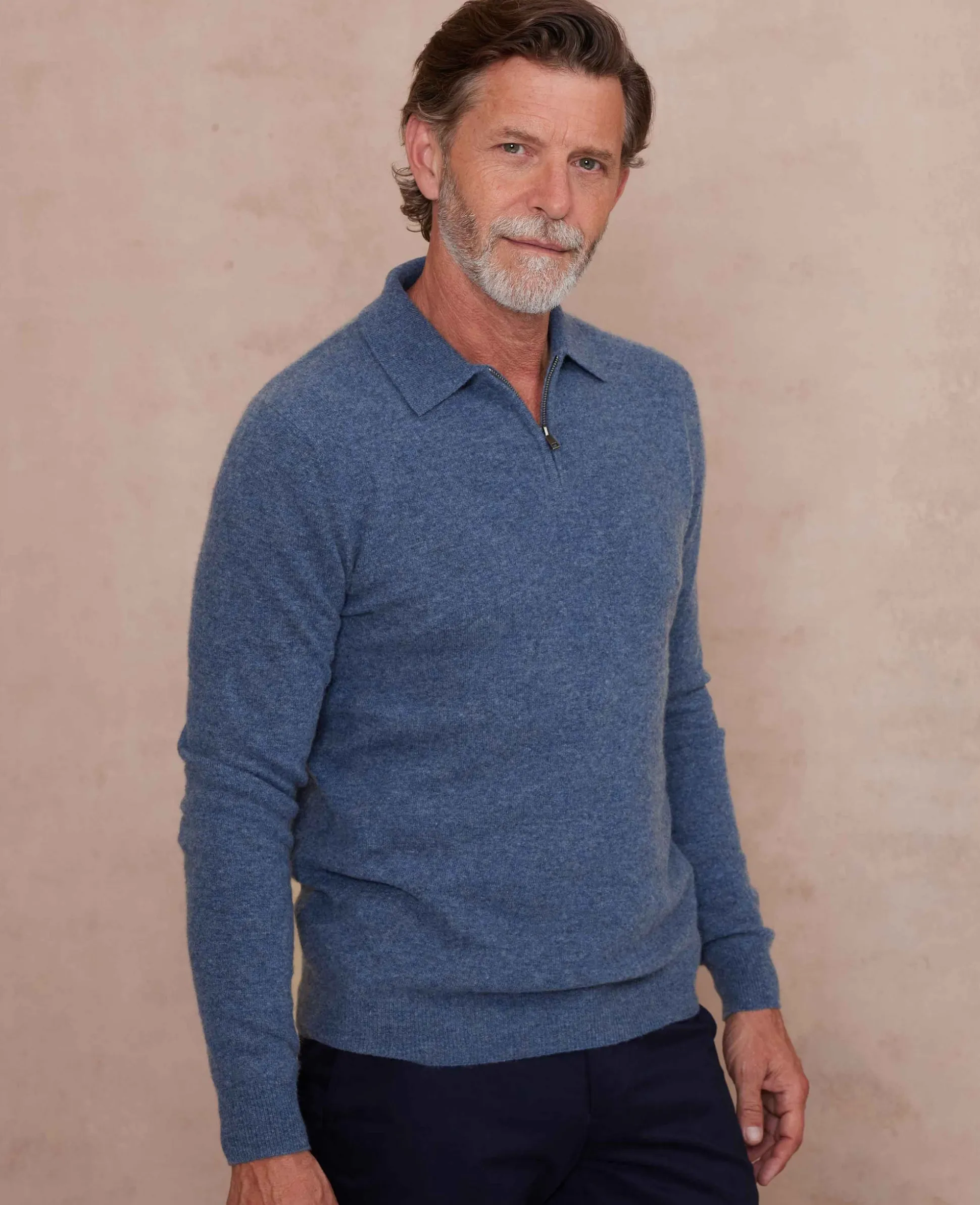 Navy Blue Merino Wool Cashmere Zip Neck Long Sleeve Polo Shirt