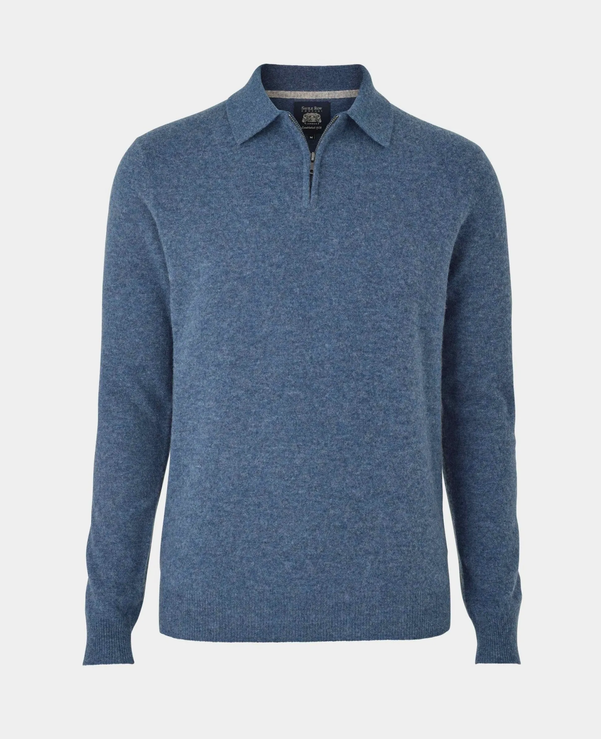 Navy Blue Merino Wool Cashmere Zip Neck Long Sleeve Polo Shirt