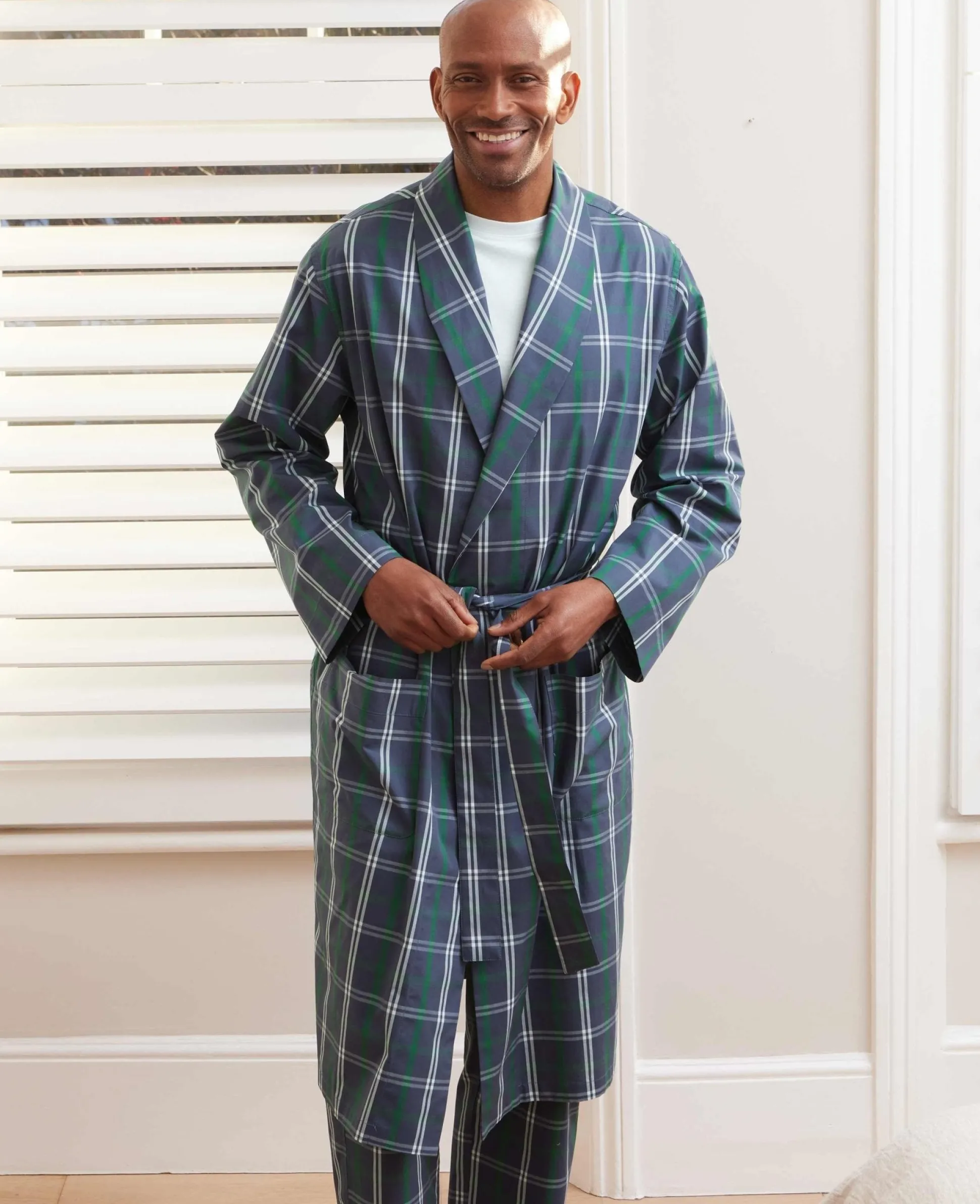 Navy Check Cotton Dressing Gown