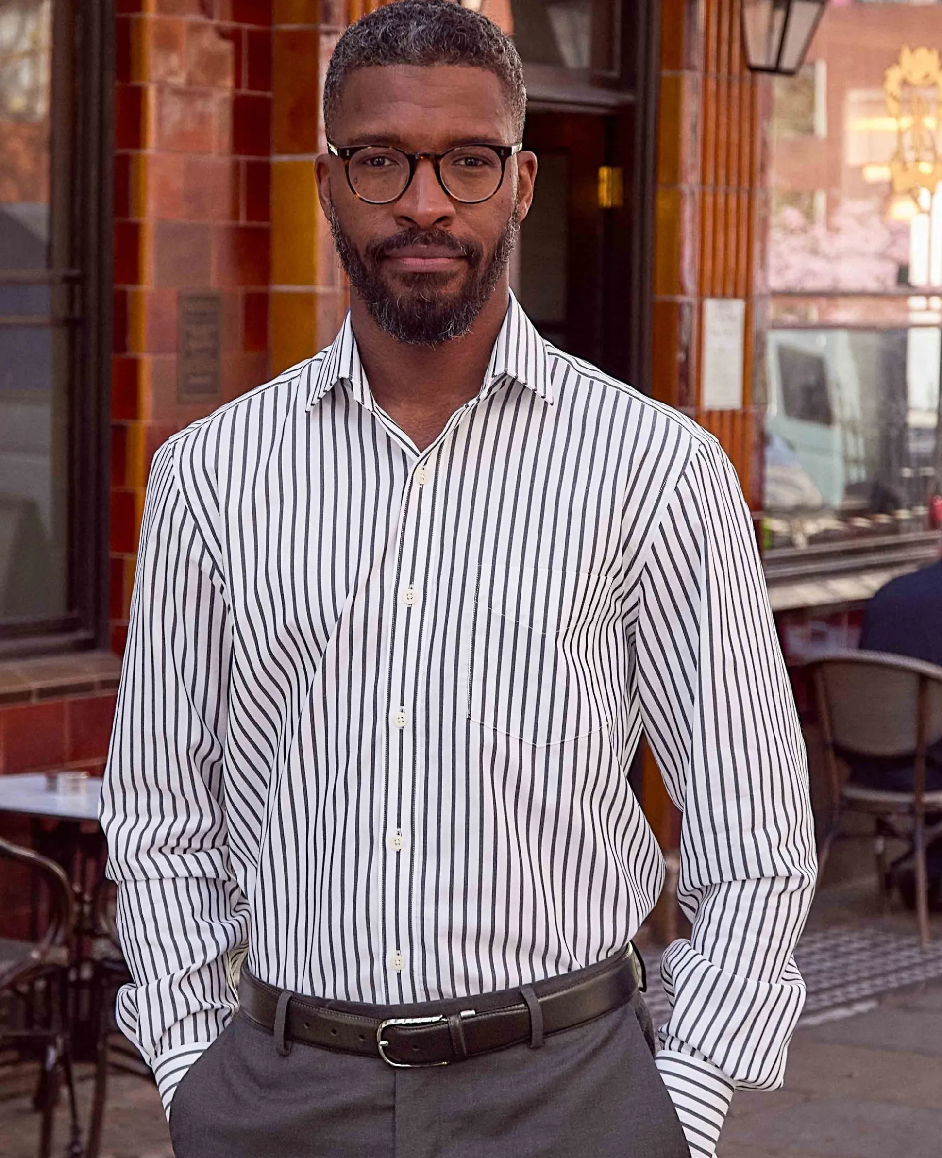 Navy Cotton Classic Fit Striped Formal Shirt - Double Cuff