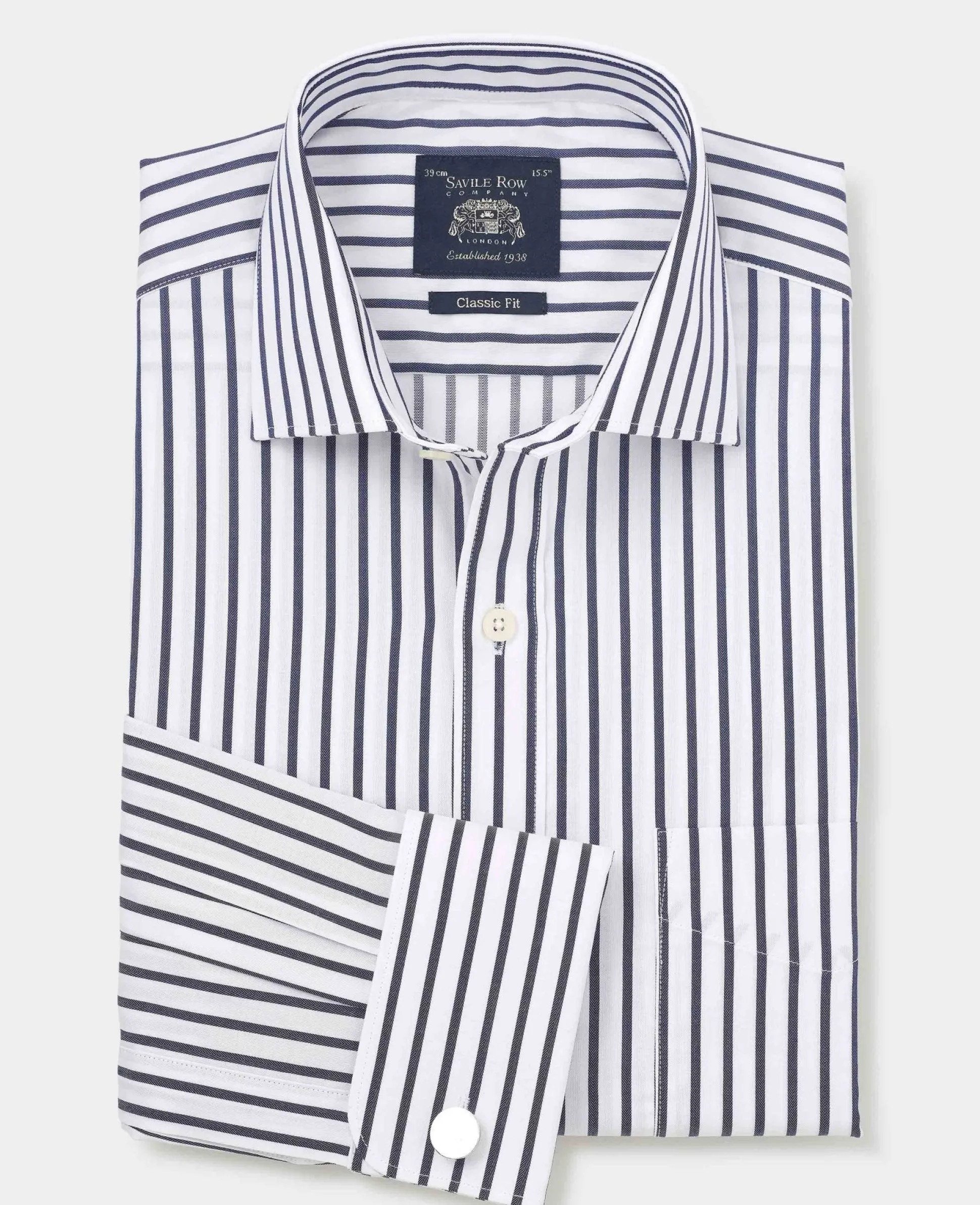 Navy Cotton Classic Fit Striped Formal Shirt - Double Cuff