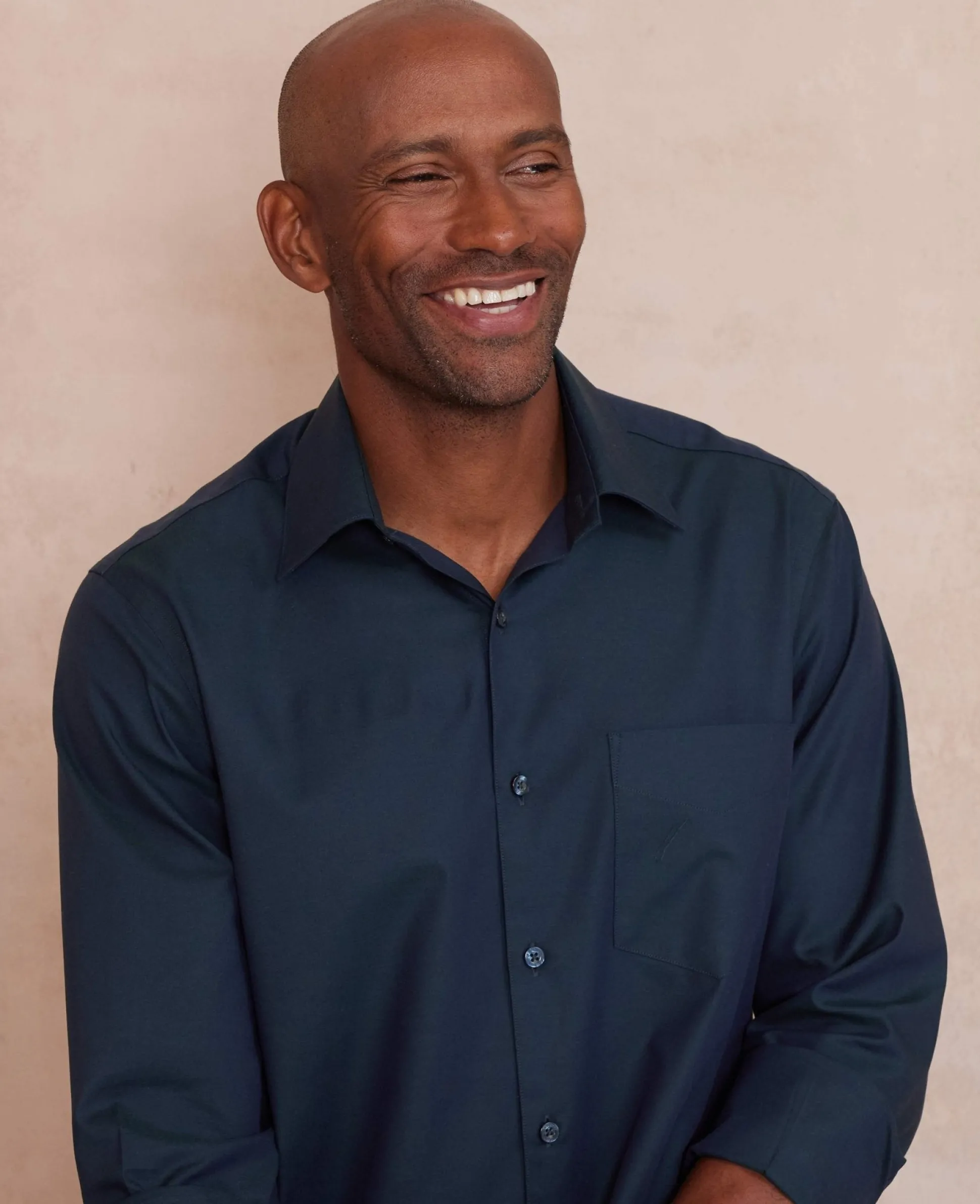Navy Cotton Herringbone Classic Fit Formal Shirt - Single Cuff
