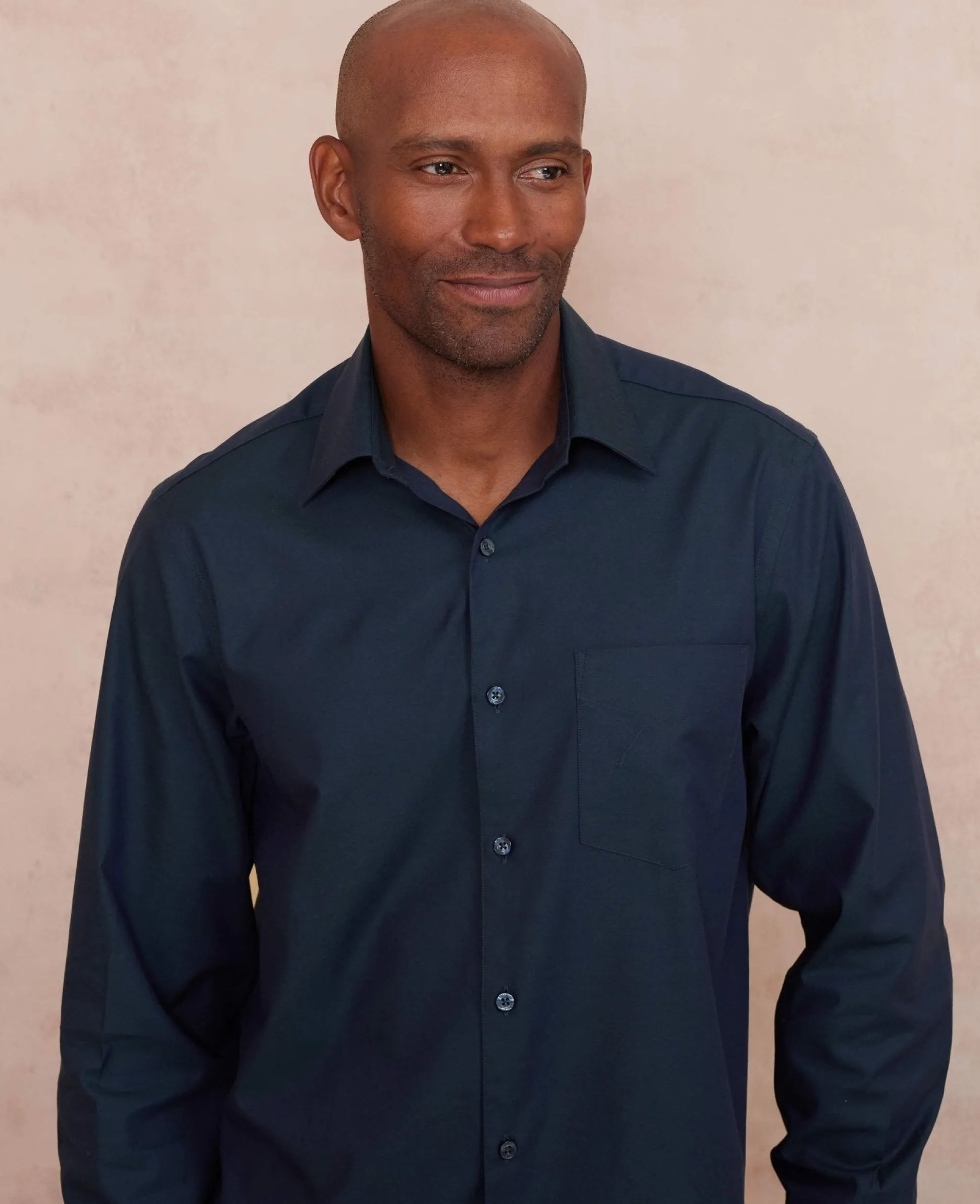 Navy Cotton Herringbone Classic Fit Formal Shirt - Single Cuff